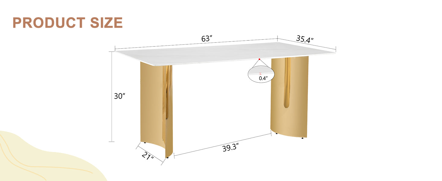 Modern Minimalist Dining Table. White Imitation Marble Glass Sticker Tabletop, Golden Table Legs, Stable And Beautiful. Suitable For Living Room And Dining Room 63" *35.4" *30 Dt 69 White Glass