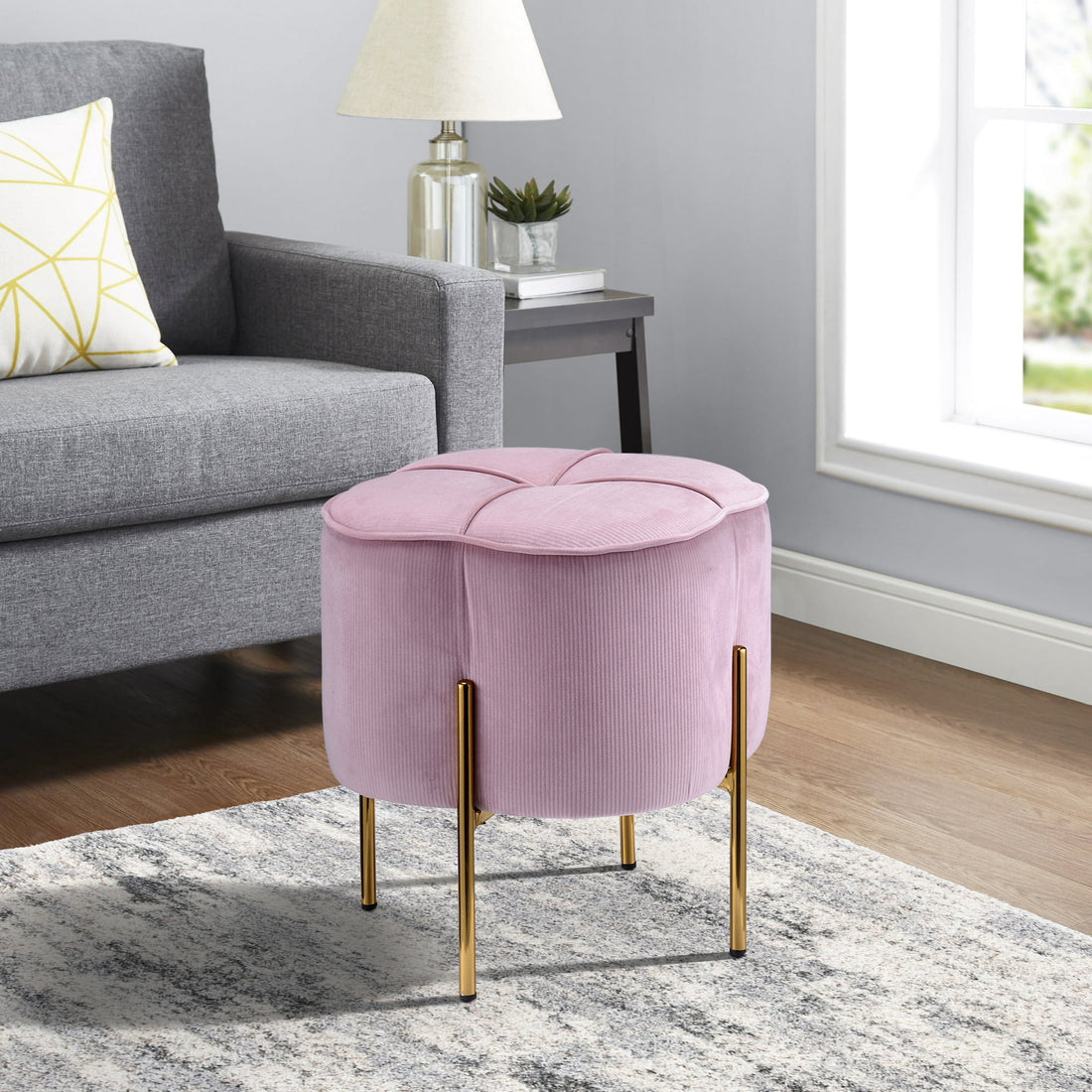 Blush Pink And Gold Round Ottoman Pink Primary Living Space Solid Pink Modern Square Velvet