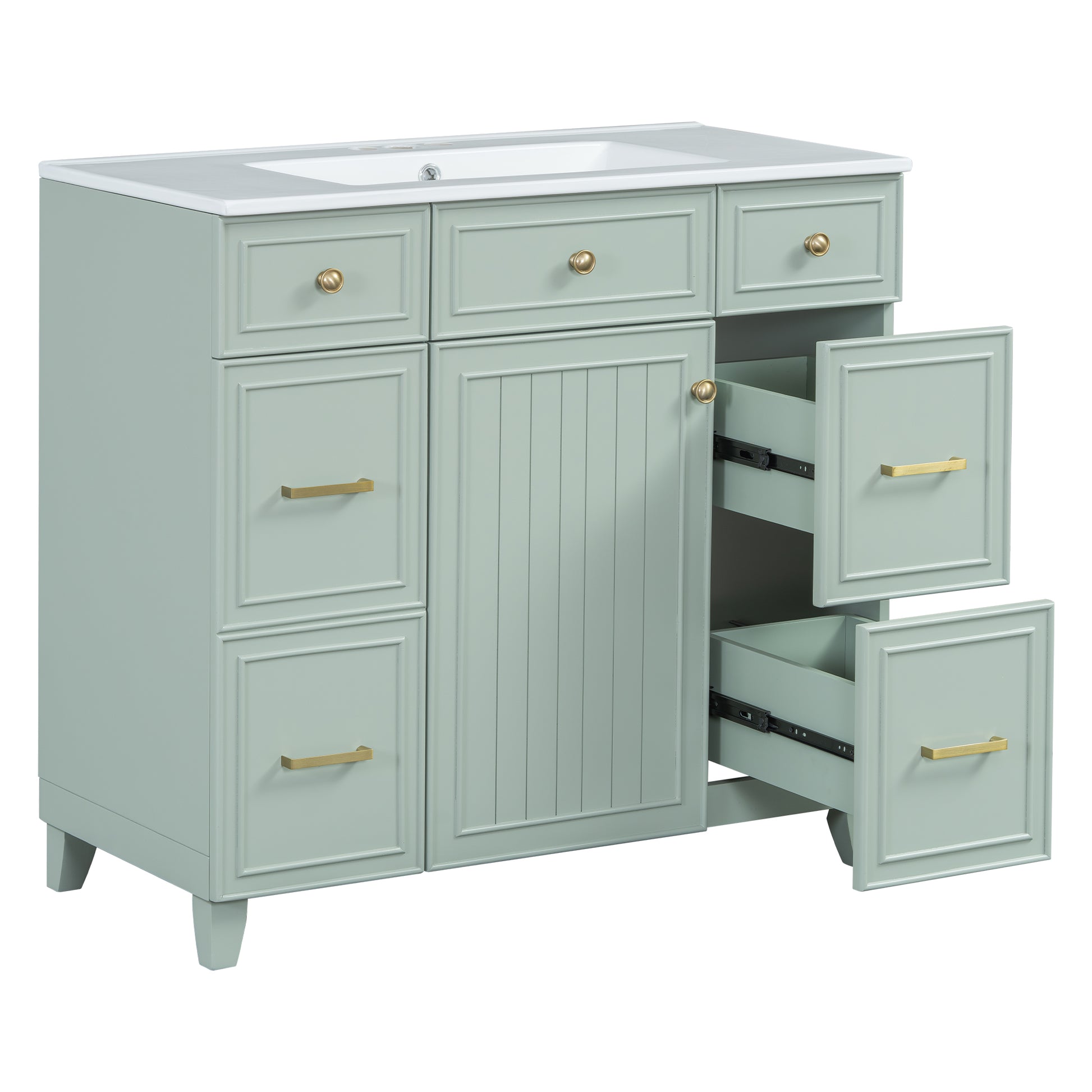 36" Bathroom Vanity With Ceramic Sink, Green, Solid Wood Frame, Soft Close Doors, Adjustable Shelves, 3 Drawers ,Including Double Depth Drawer For Hairdryer Storage Old Sku:Sv000003Aag 1 Green