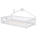 Twin House Shaped Bedside Floor Bed With Guardrails, Slats, With Door,White Twin White American Design Pine