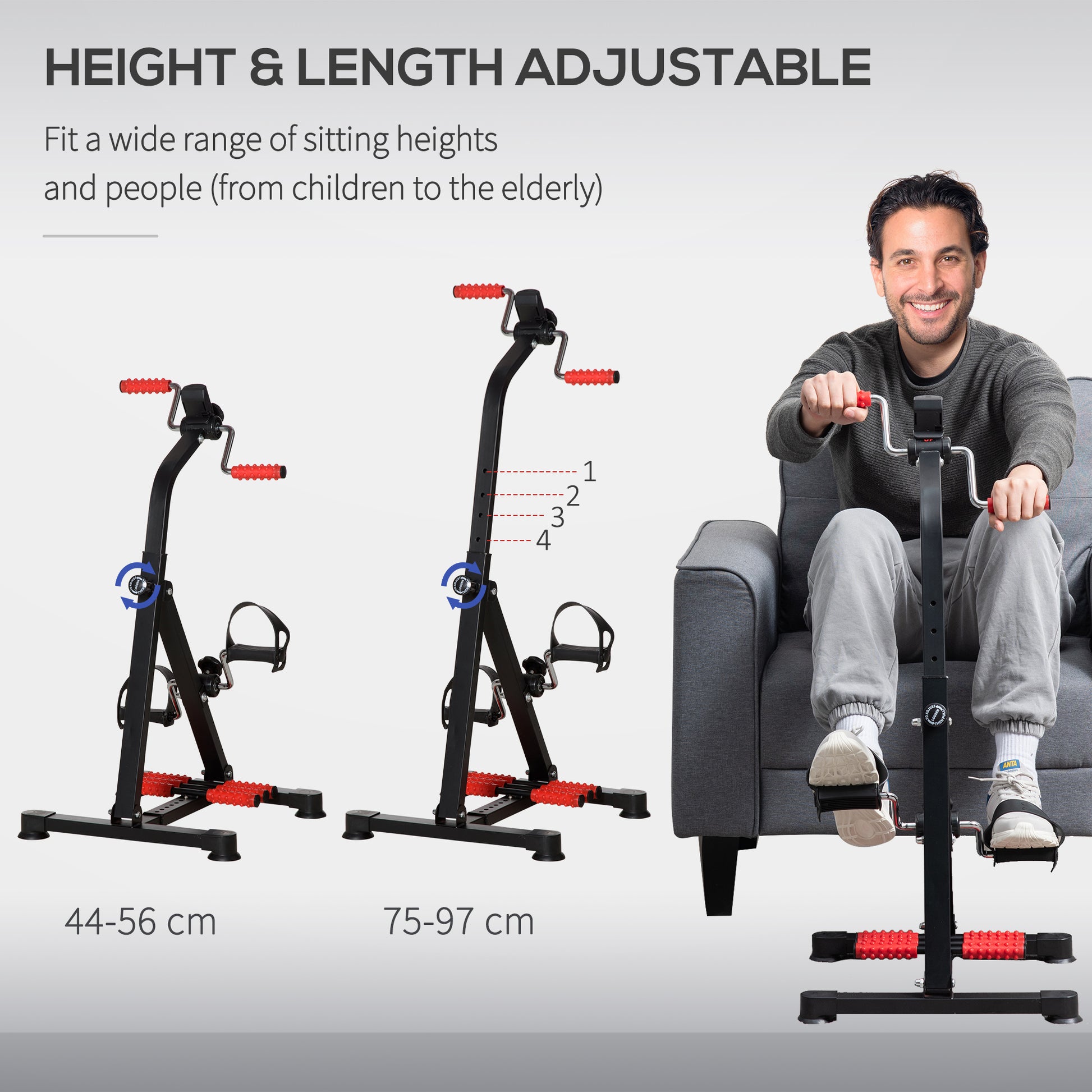 Soozier Pedal Exerciser, Hand Arm Knee And Leg Exercise Machine For Seniors, Height Adjustable, With Lcd Display And Foot Massage Roller Black Red Steel