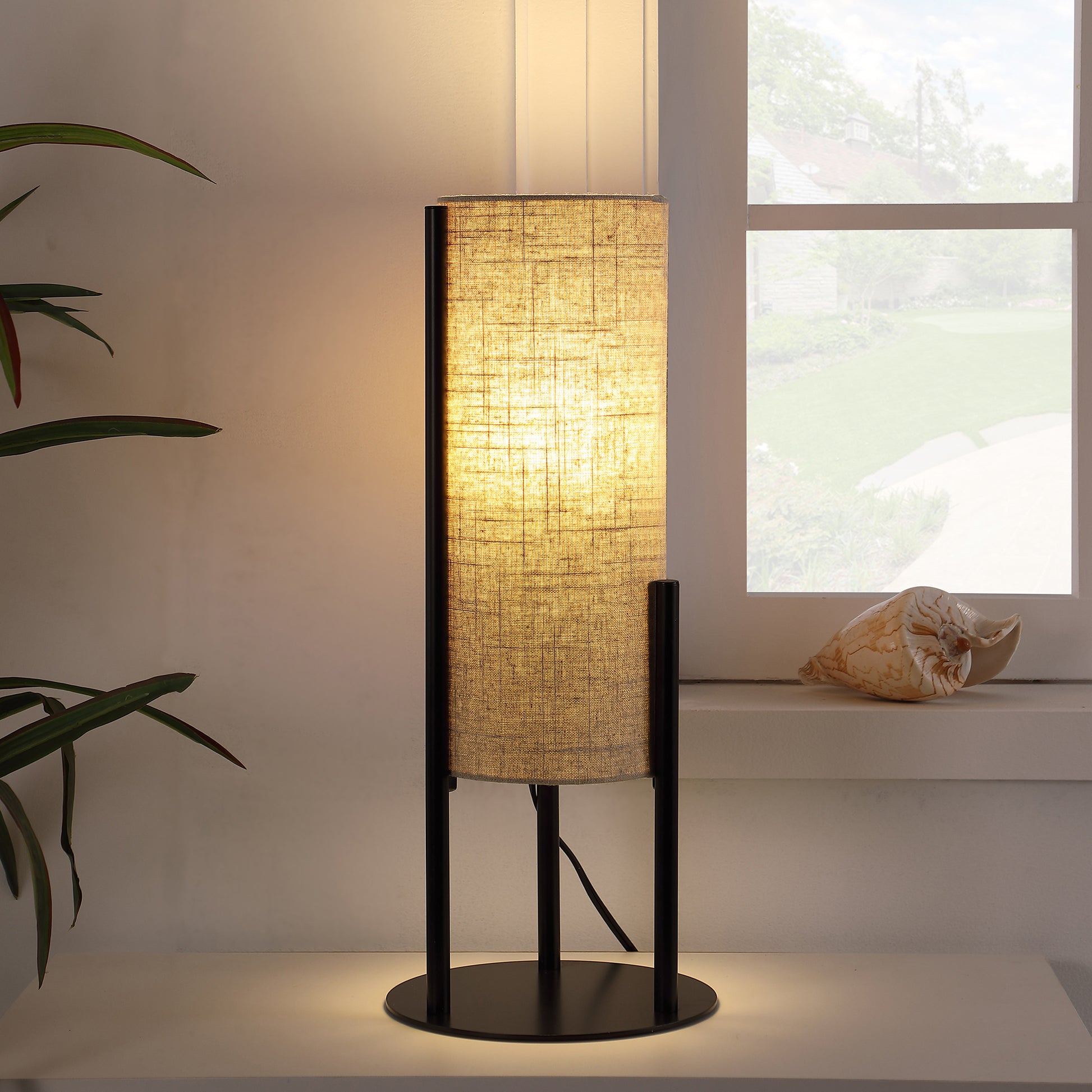 22" H Modern Upright Beige Linen Drum Black Metal Table Lamp For Living Room, Nightstand Bedside Table Lamp For Bedroom, Led Lamp Beige Black Metal