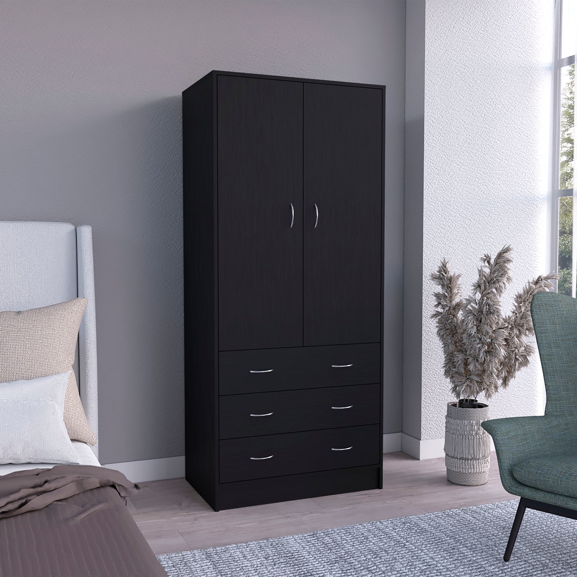 Taly Double Door Armoire Black Black Bedroom Modern Particle Board