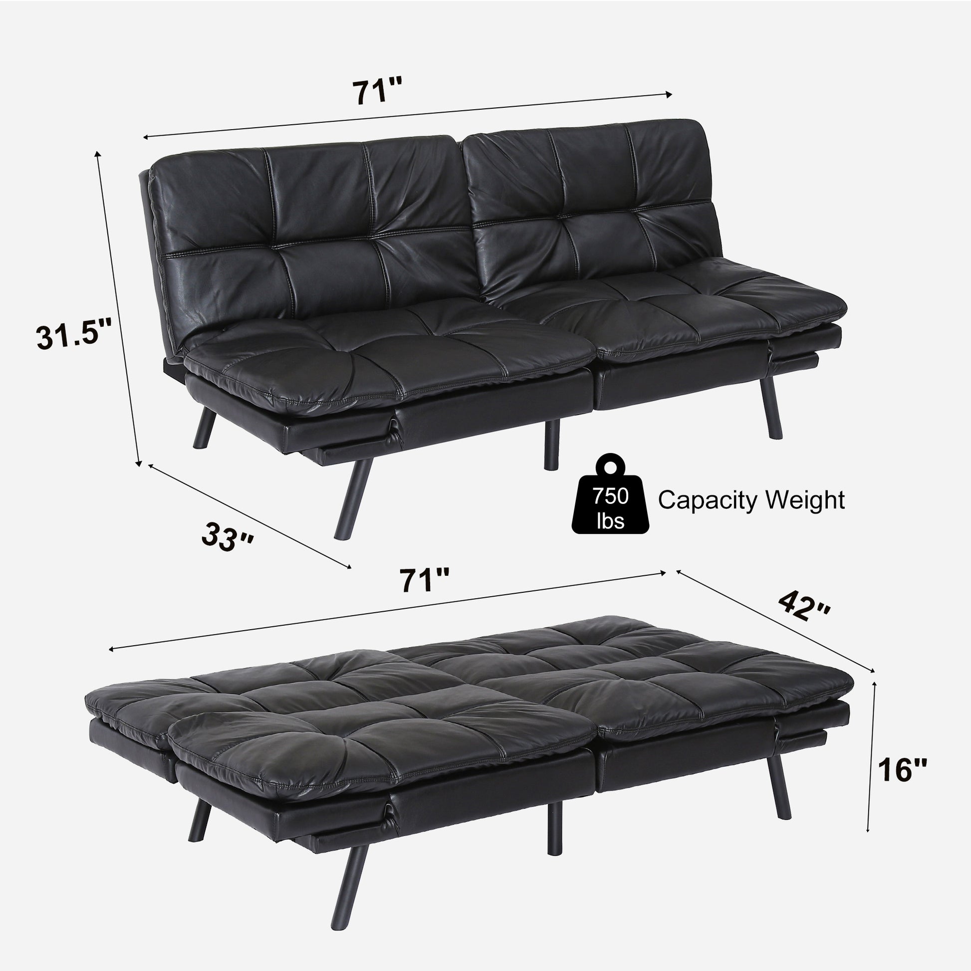 Futon Sofa Bed With Adjustable Backrests Sleeper Couch With Adjustable Armrests Convertible Sofa Couch Bed For Small Space Apartment Living Room Black Black Polyester