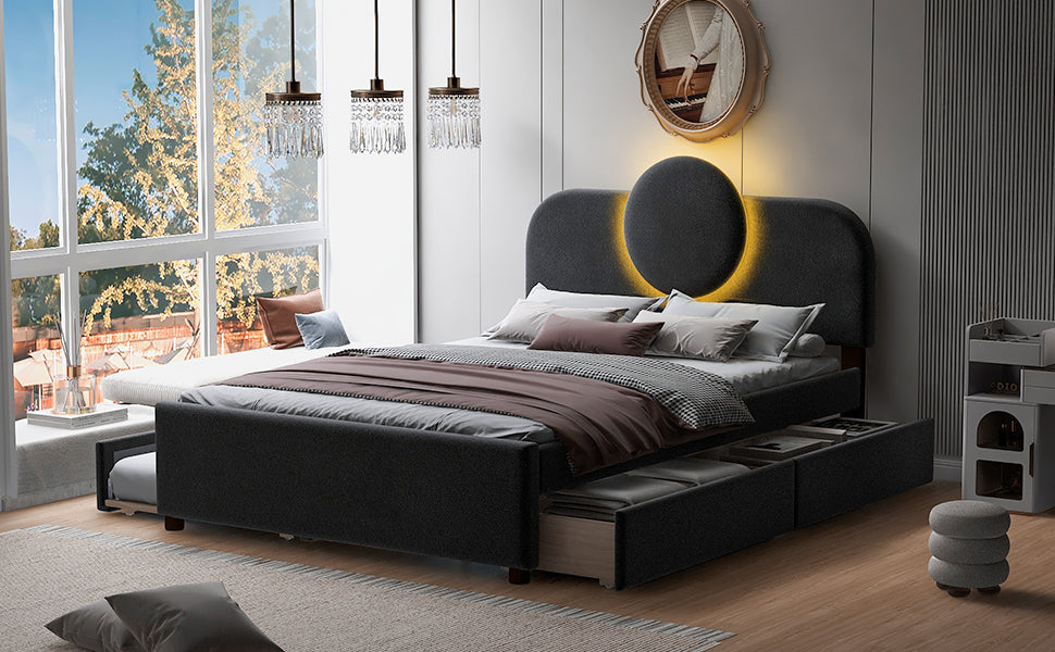 Full Size Upholstered Platform Bed With Multi Functional Led Headboard, Trundle And 2 Drawers, Gray Box Spring Not Required Full Gray Wood Bedroom Upholstered