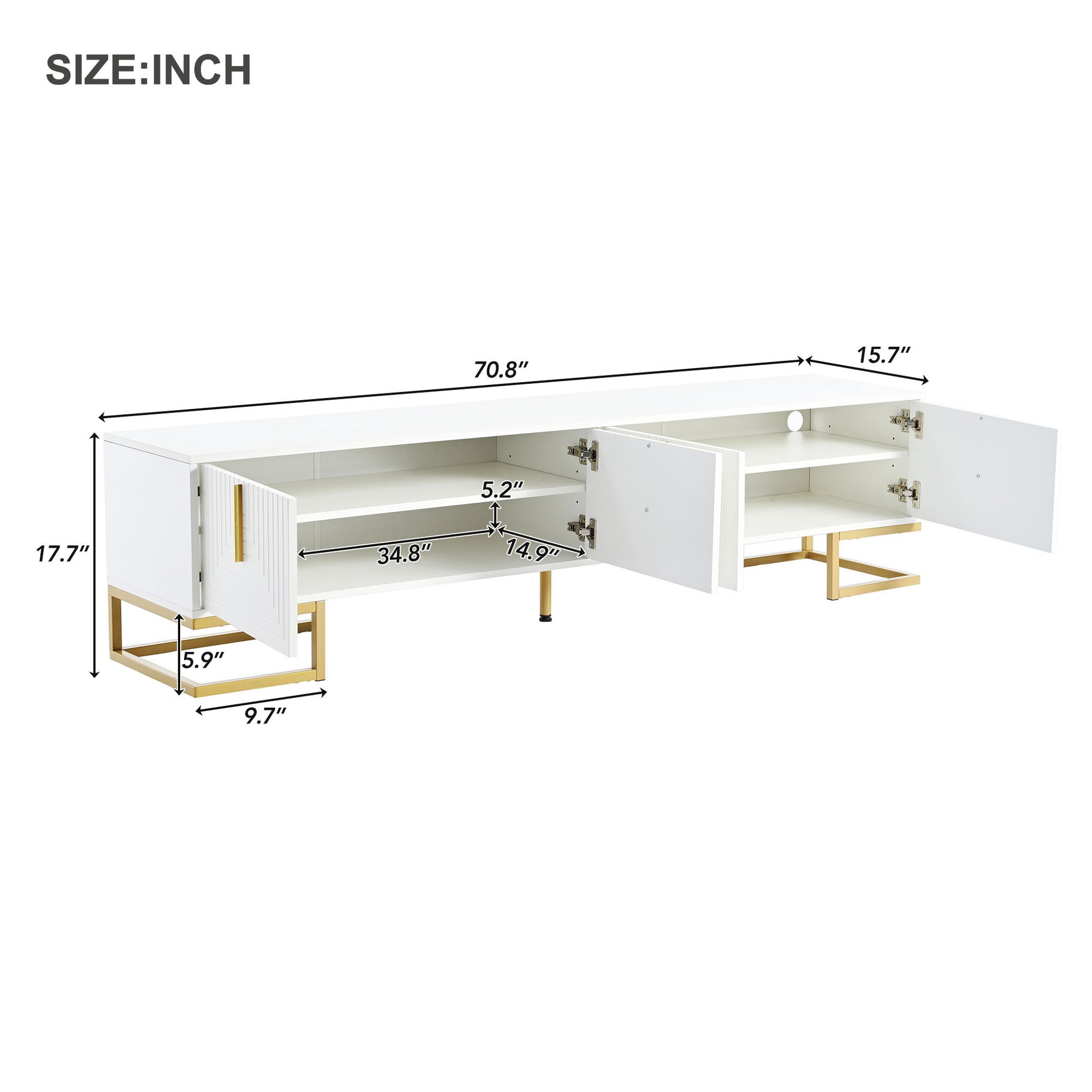 Modern Tv Stand With Metal Legs And Gold Handles For Tvs Up To 80'', Media Console Table With Cabinets And Adjustable Shelves, Luxury Tv Cabinet With Geometric Lines For Living Room, White White Gold Primary Living Space 80 89 Inches 80 89 Inches 80