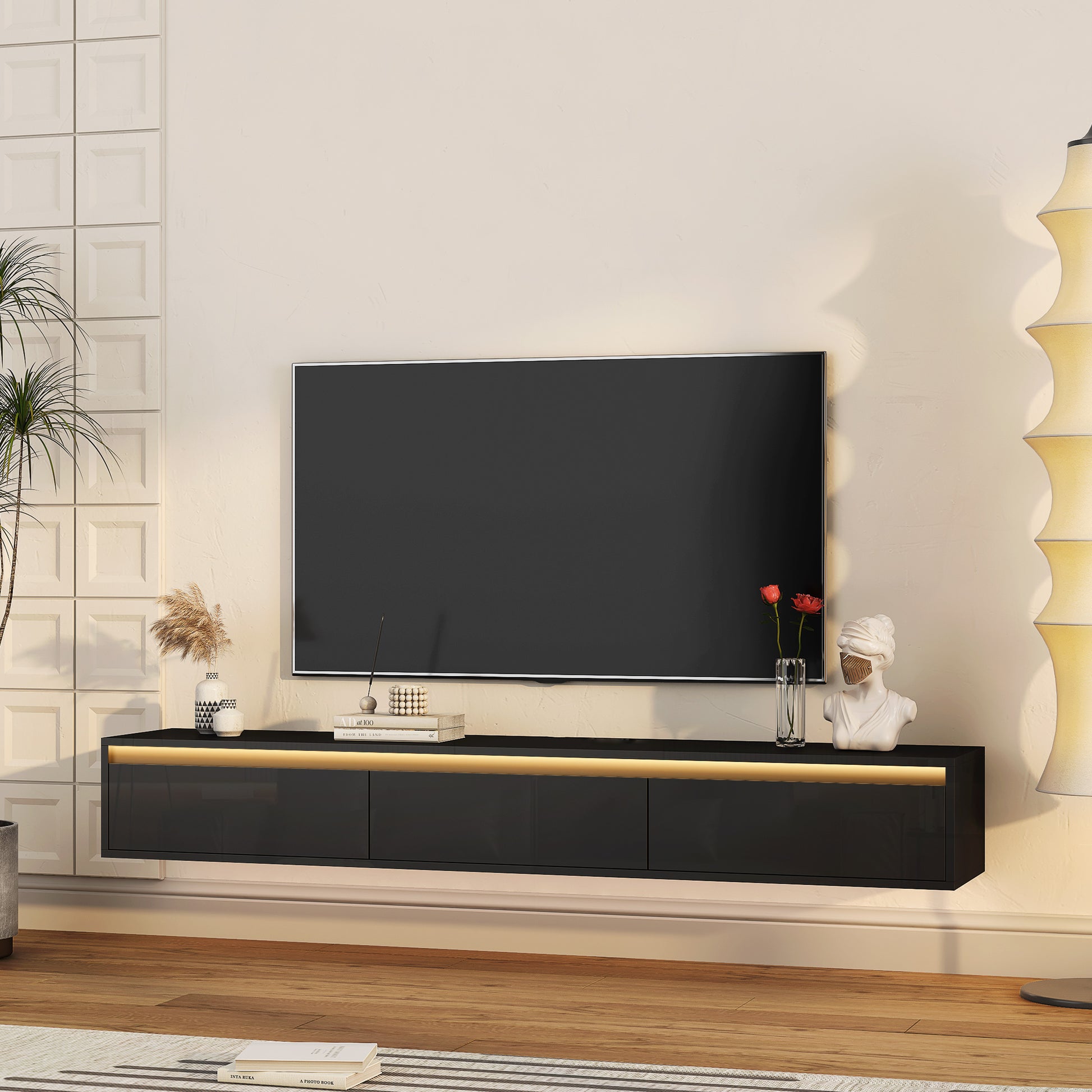 Floating Tv Stand, Wall Mounted Tv Shelf With Led Lights & Power Outlet,High Gloss Tv Cabinet For Black Tv Stands For Living Room Black 60 69 Inches Mdf