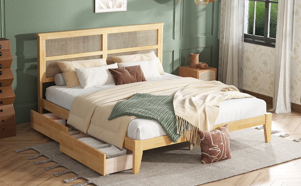 King Size Bed With Rattan Headboard, Two Storage Drawers, Rubber Wood Bed With Enhanced Support Salts And Feet,White Oak King White Oak Rubber Wood