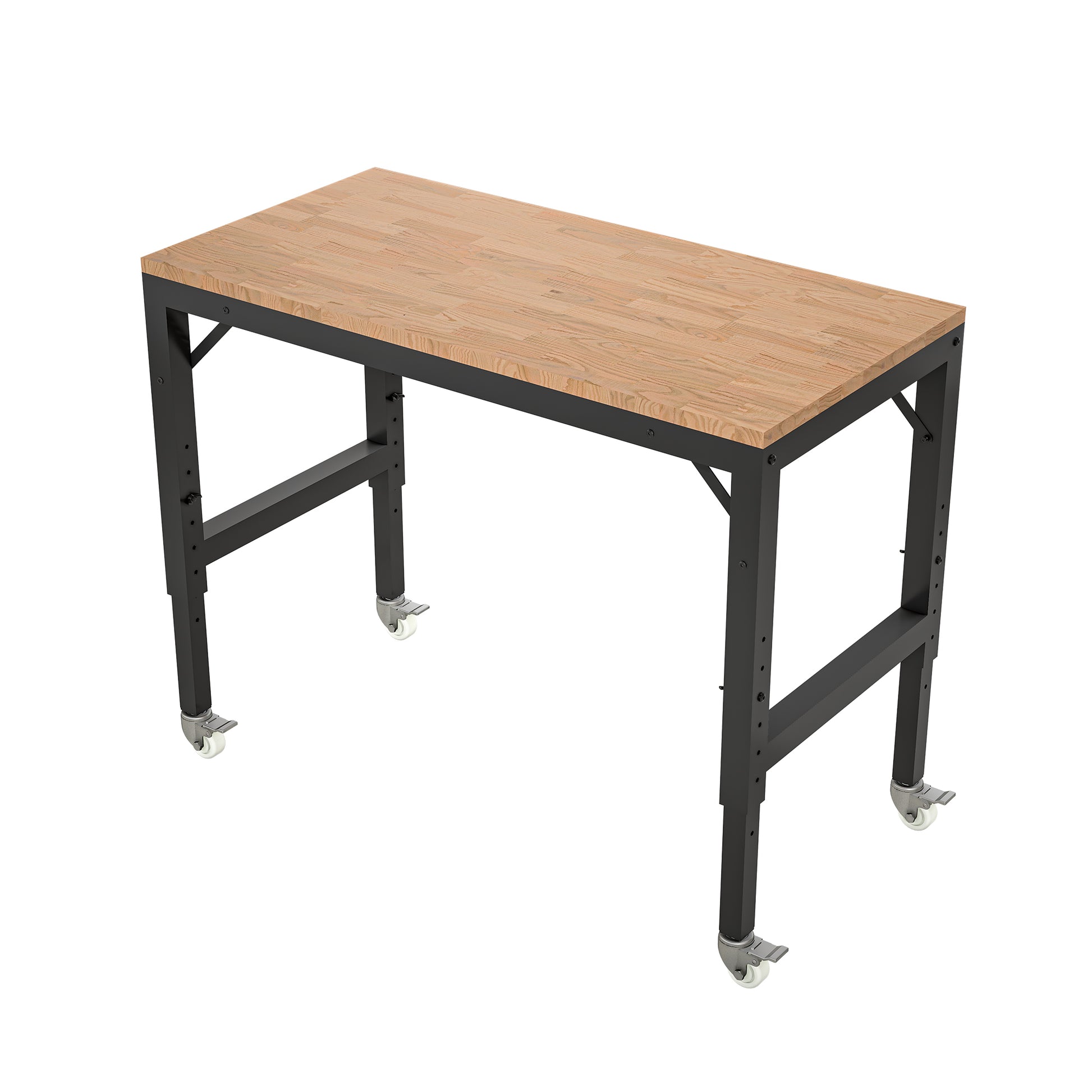 48" Heavy Duty Adjustable Workbench For Garage, Rubber Wood Shop Table W Metal Wheels, Hardwood Workstation Weight Capacity Over 2000 Lbs With Wheels Black Metal & Wood