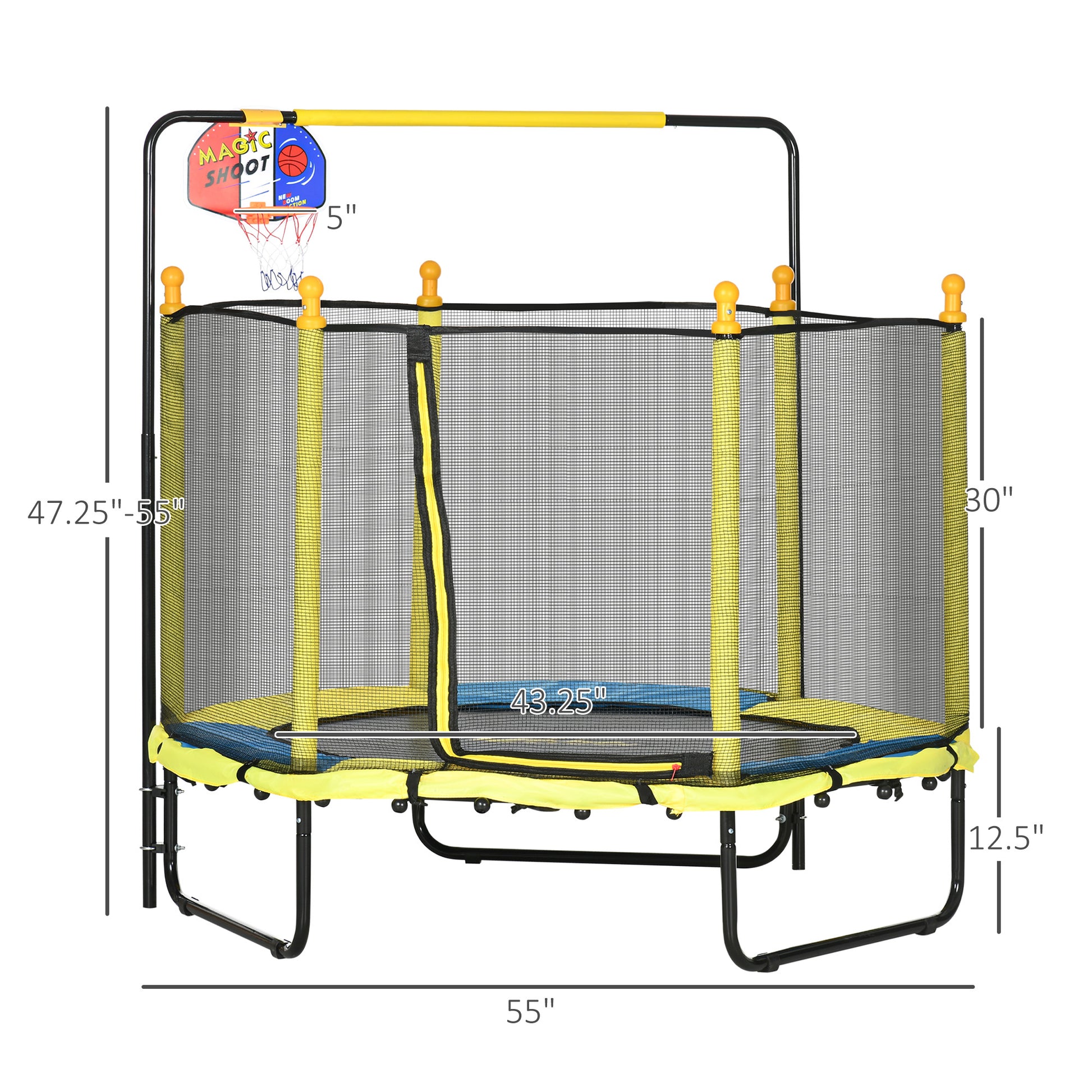 Qaba 4.6' Kids Trampoline With Basketball Hoop, Horizontal Bar, 55" Indoor Trampoline With Net, Small Springfree Trampoline Gifts For Kids Toys, Ages 3 10, Yellow Yellow Steel