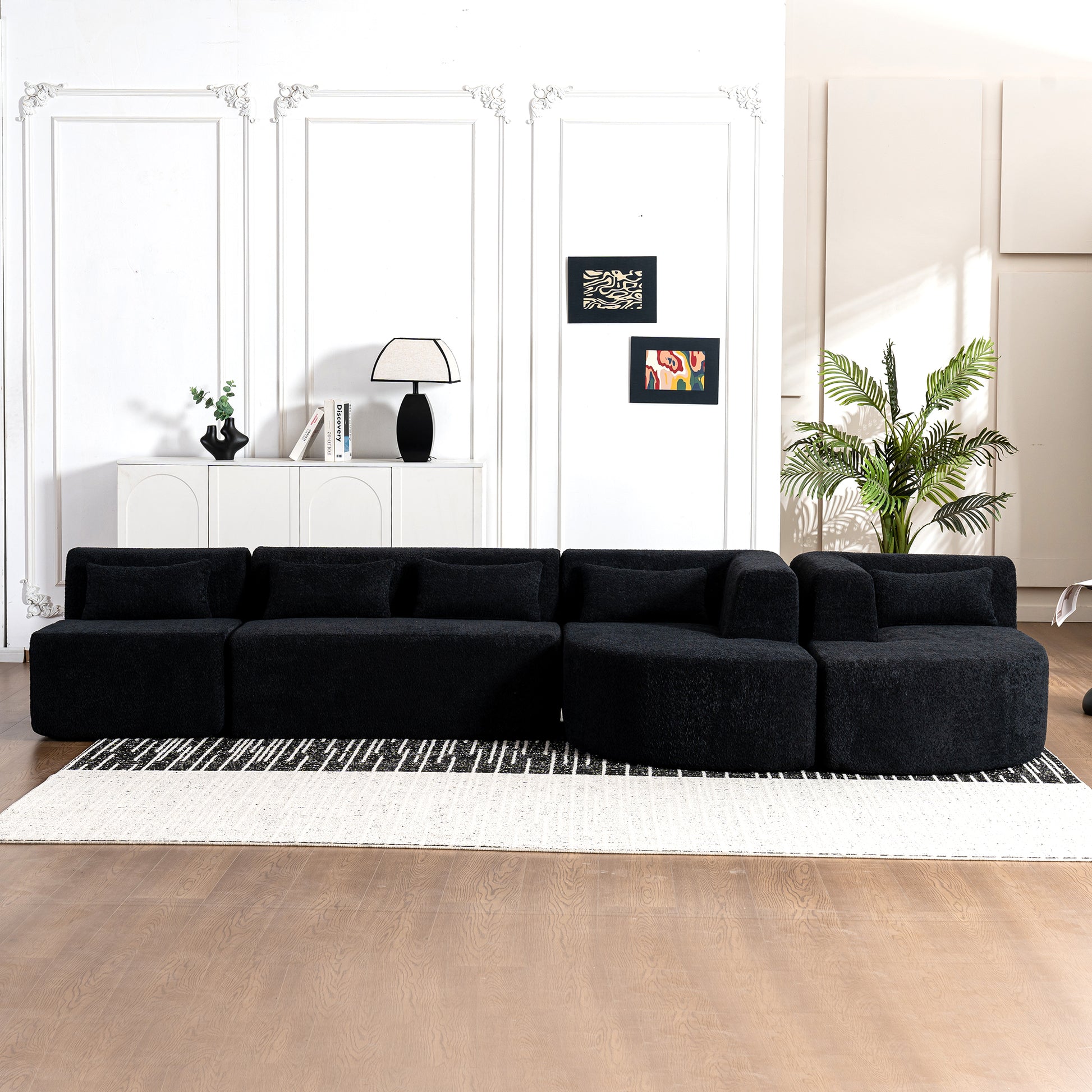 143.7" Upholstered Sofa Free Combined Sofa Couch With Two Chaise Lounge And Five Back Pillows For Living Room, Black Black Foam Polyester 5 Seat