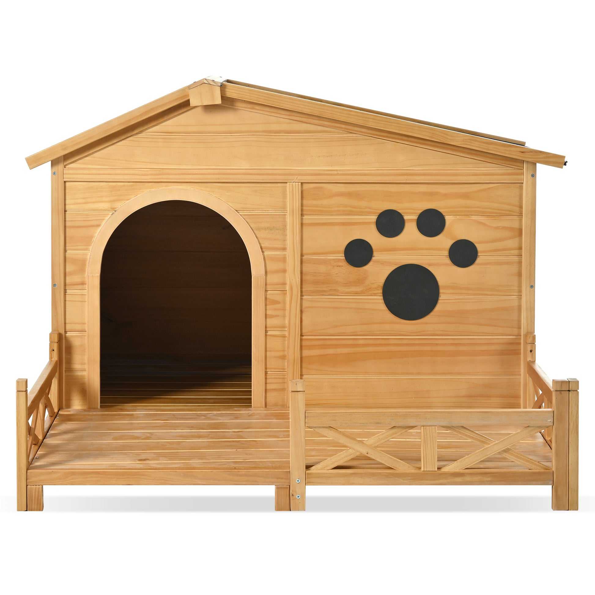 48" Wooden Dog House Outdoor With Porch, Dog Kennel With Water Resistant Asphalt Roof And Fencing,Indoor & Outdoor Dog Crate With Paw Print, Medium, Nature Natural Outdoor Kennel Medium 26 40 Lbs