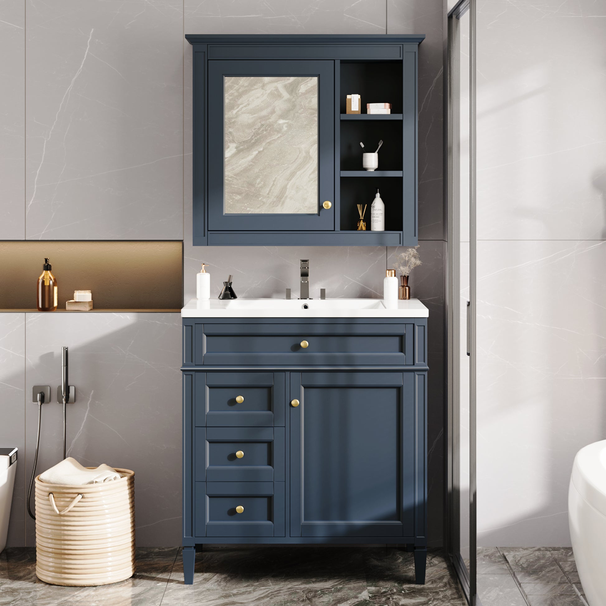 30'' Bathroom Vanity With Top Sink, Modern Bathroom Storage Cabinet With 2 Drawers And A Tip Out Drawer, Freestanding Vanity Set With Mirror Cabinet, Single Sink Bathroom Vanity 3 Blue 2 Mirror Included Bathroom Wall Mounted Modern Solid Wood Painted