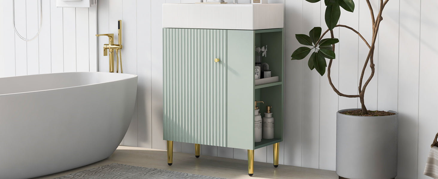 21.6" Green Bathroom Vanity, Combo Cabinet, Bathroom Storage Cabinet, Single Ceramic Sink, Right Side Storage Green Bathroom Ceramic Mdf
