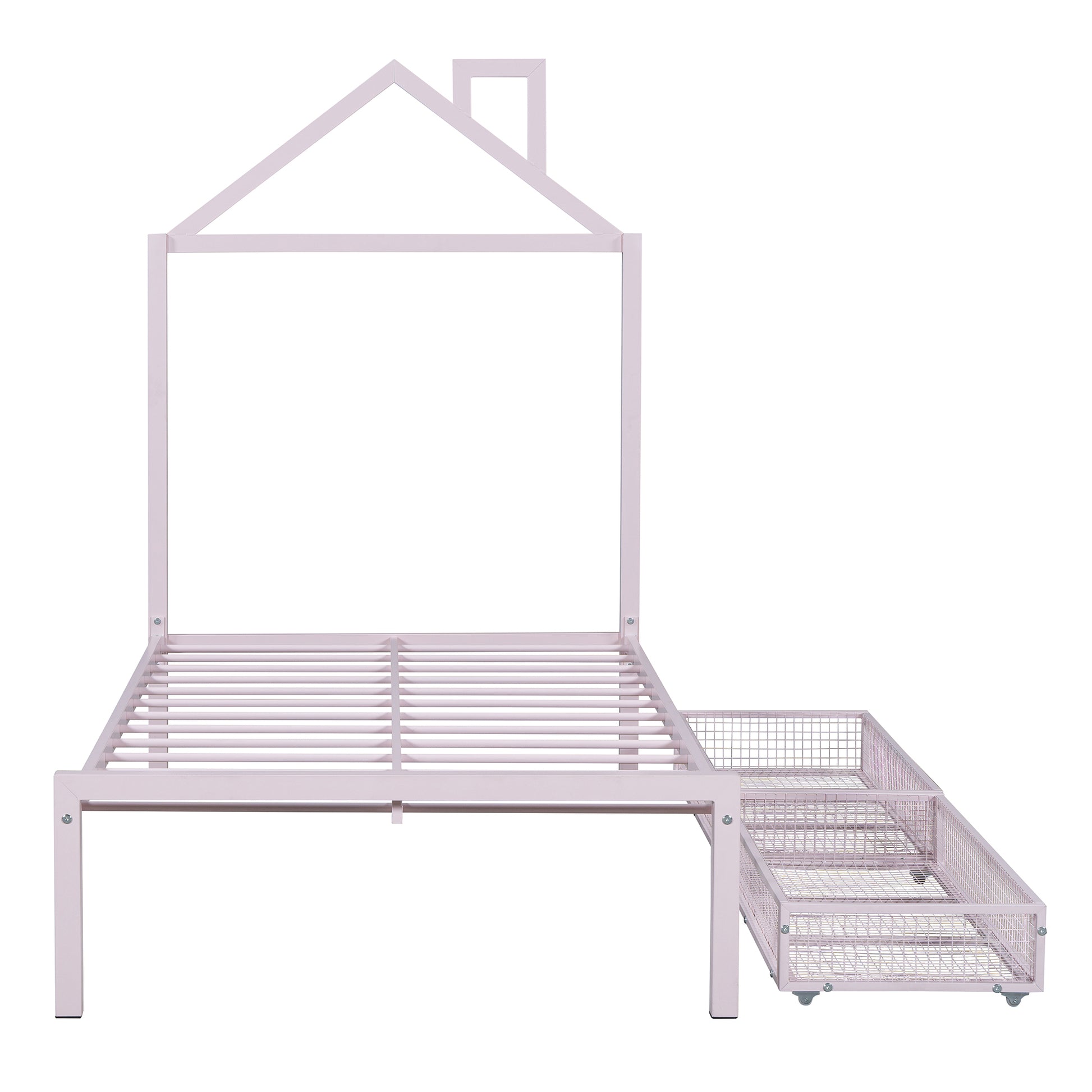 Twin Size Metal Platform Bed With Two Drawers,House Shaped Headboard Design, Pink Twin Pink Metal