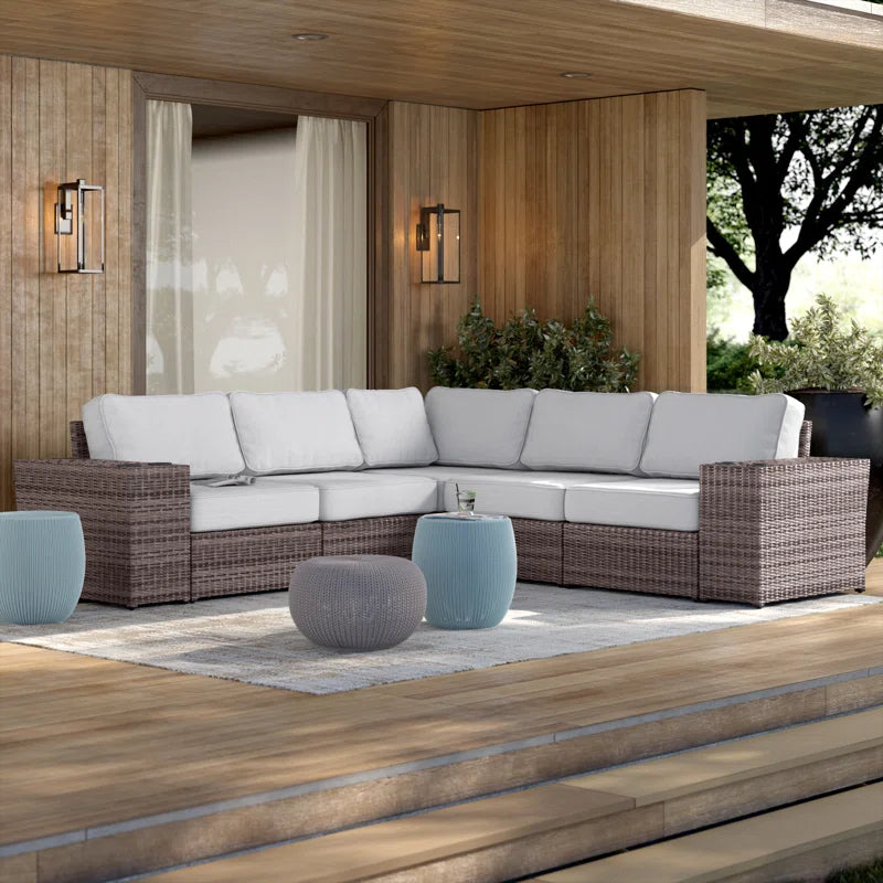 102" Wide Reversible Outdoor Wicker Sectional Sofa With Cushions Fully Assembled Brown,Grey Wicker