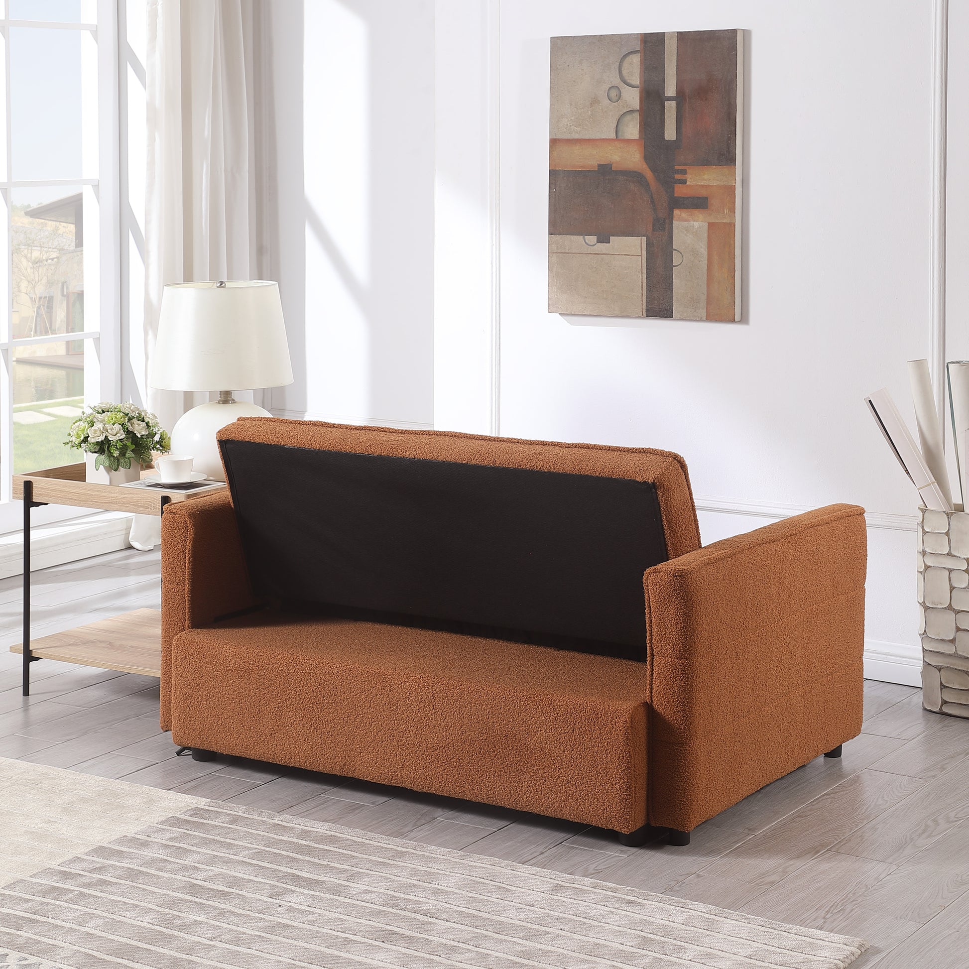 Soft Boucle Convertible Two Bedroom Sofa With Adjustable Back, 2 Seater Sofa, Pull Out Bed, 2 Waist Pillows For Small Living Rooms And Apartments Light Brown Foam Boucle 2 Seat