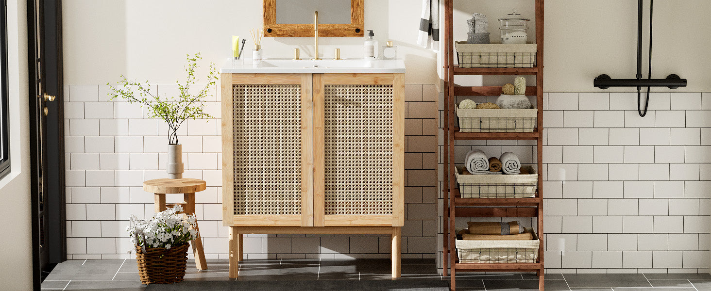 30 Inch Bathroom Vanity Crafted From Natural Materials, Featuring Handmade Rattan Doors And Soft Closing Mechanisms Wood Wood Rattan