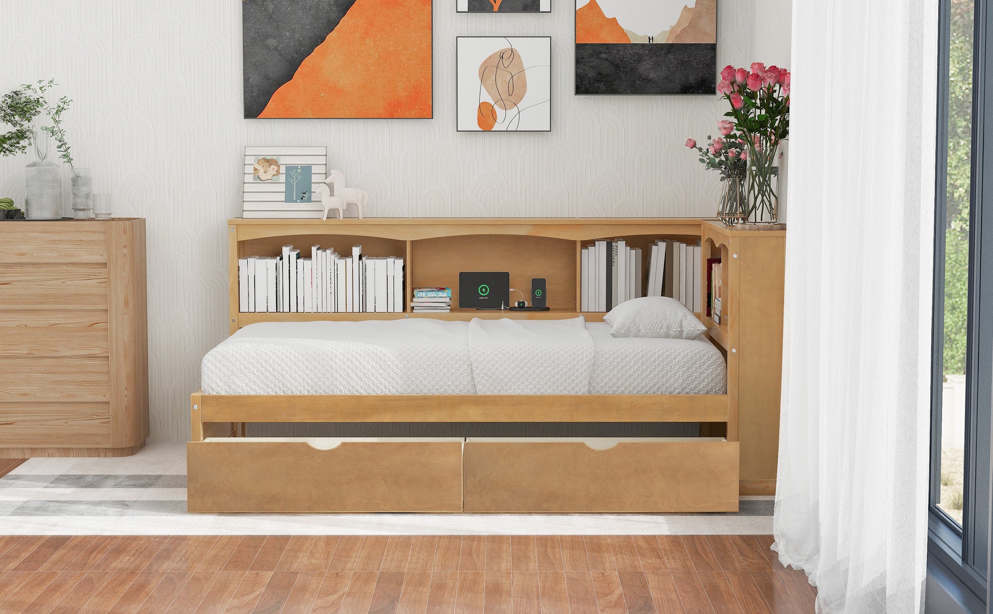 Twin Size Daybed With Two Storage Drawers, Storage Cabinets And Usb Ports, Wood Color Twin Wood Solid Wood Mdf