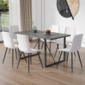 Table And Chair Set, Textured Top In Vintage Retro Grey Wood Grain Desktop, Black Metal Legs. Dining Chair With White Faux Leather Backrest Cushion With Black Metal Legs. Gray,Wood Seats 6 Mdf Metal