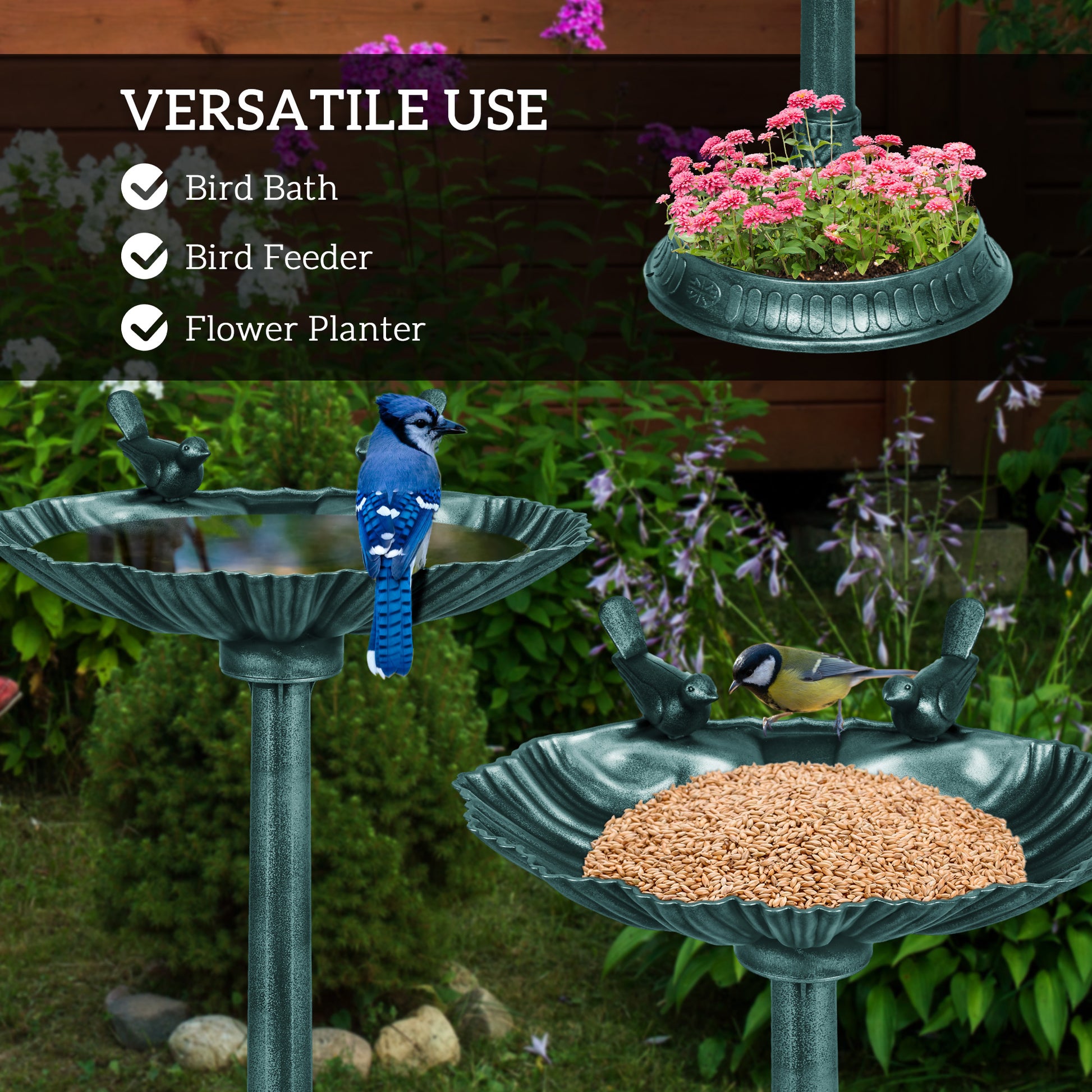 Outsunny 32" Antique Bird Bath With Pedestal Flower Planter Base, Vintage Style Decorative Birdbath, Bird Feeder Bowl & Planter Decoration Yard Statue, Verdigris Green Polypropylene