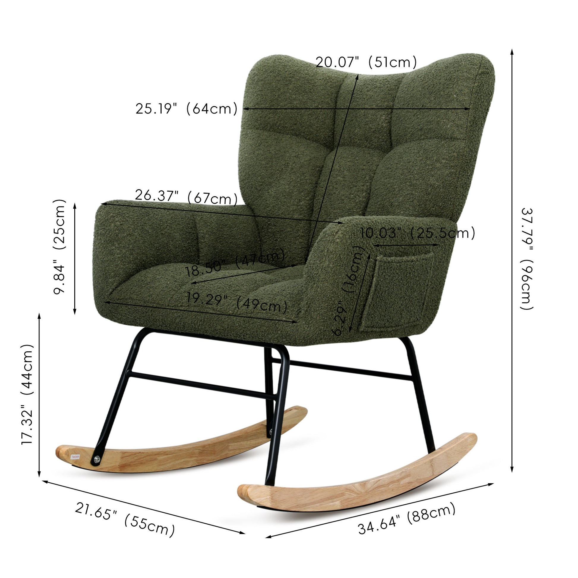 Teddy Fabric Rocking Chair, Upholstered Rocker Armchair With High Backrest, Modern Rocking Accent Chair For Nursery, Living Room, Bedroom, Olive Green Metal Olive Green Light Brown Bedroom Foam Wipe Clean Modern Rocking Chairs Rubberwood Tufted Back Foam