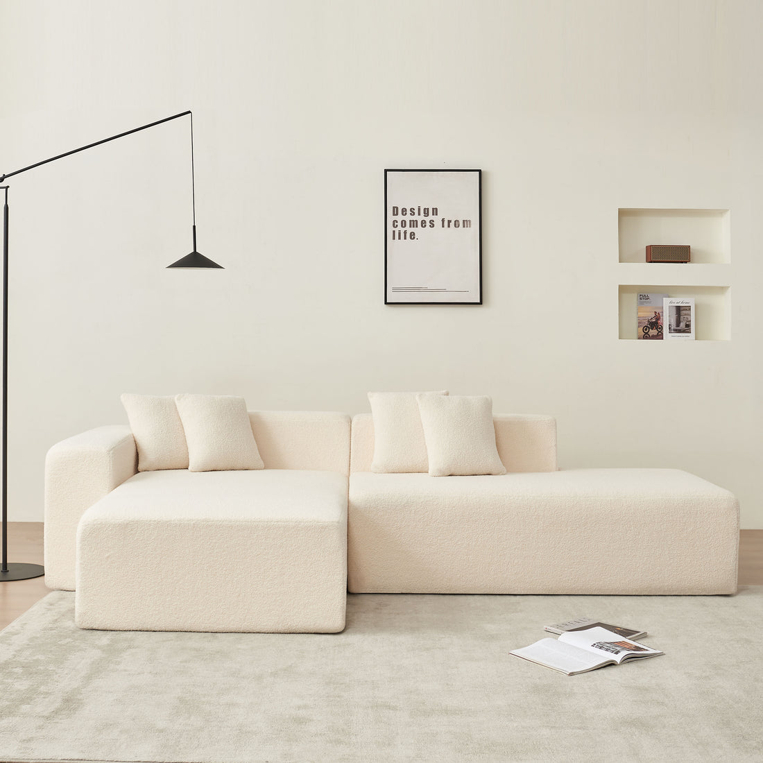 Modular Sectional Couch, Lambswool Fabric Modern L Shape Sectional Sofa With Chaise Lounge, Living Room Upholstered 5 Seater Corner Sofa Couch For Bedrooms, Apartment Beige Foam Sherpa 5 Seat