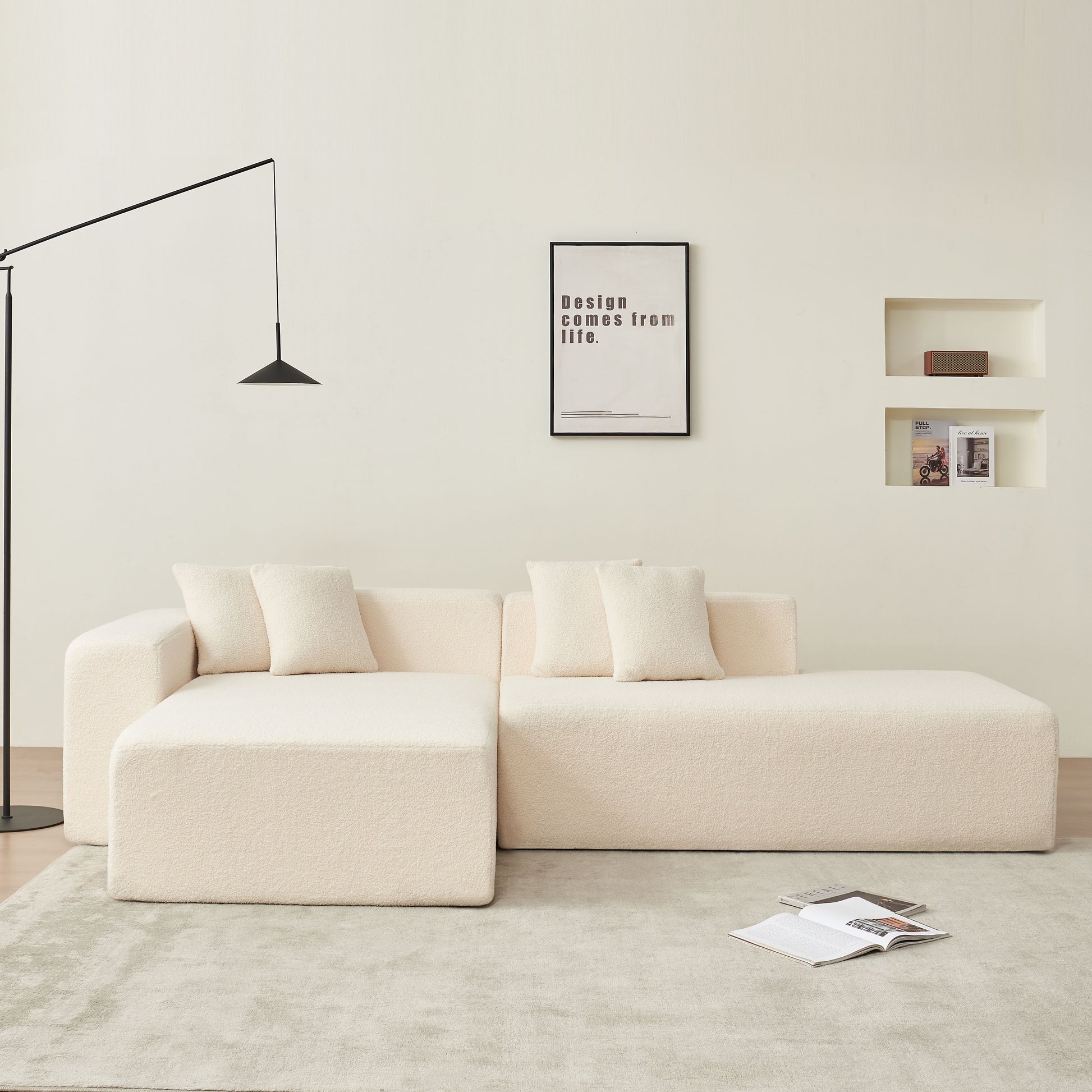 Modular Sectional Couch, Lambswool Fabric Modern L Shape Sectional Sofa With Chaise Lounge, Living Room Upholstered 5 Seater Corner Sofa Couch For Bedrooms, Apartment Beige Foam Sherpa 5 Seat