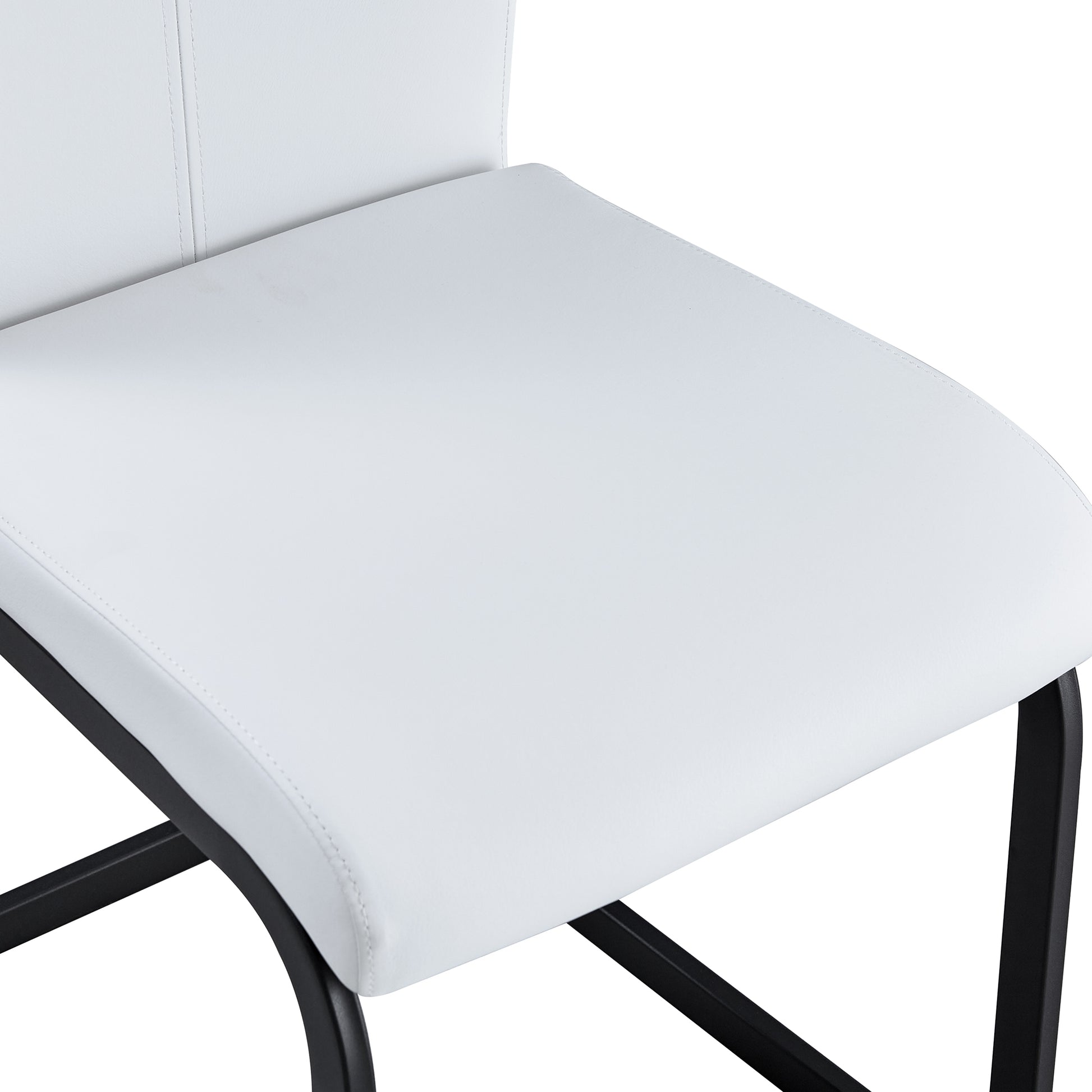 Table And Chair Set.A Modern Minimalist White Marble Veined Mdf Dining Table With Black Metal Frame.Paried With 4 Chairs With White Pu Cushions And C Tube Black Metal Legs. White Seats 4 Mdf Metal