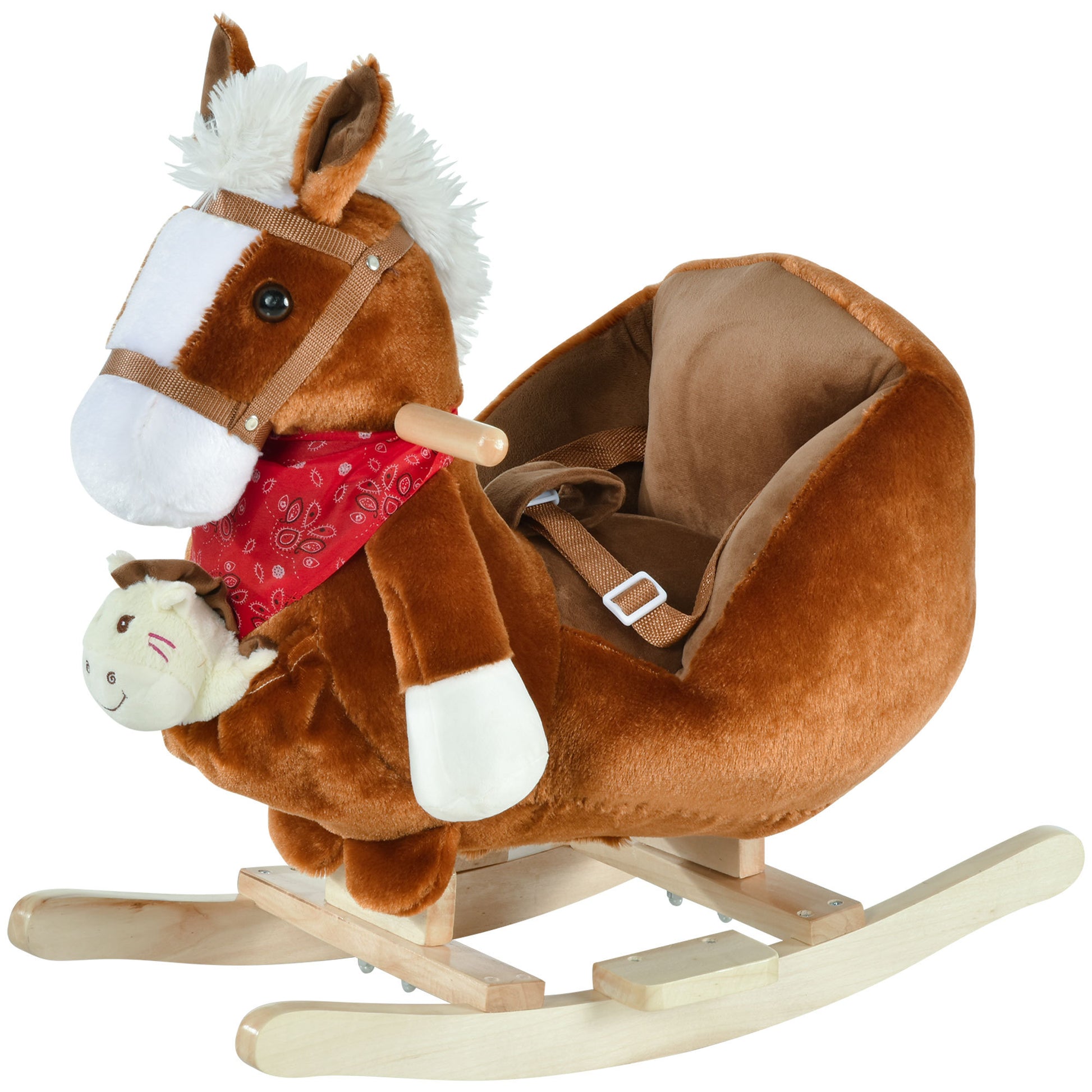 Qaba Kids Ride On Rocking Horse Toy, Rocker With Lullaby Song, Hand Puppets & Soft Plush Fabric For Children 18 36 Months, Brown Brown Polyester