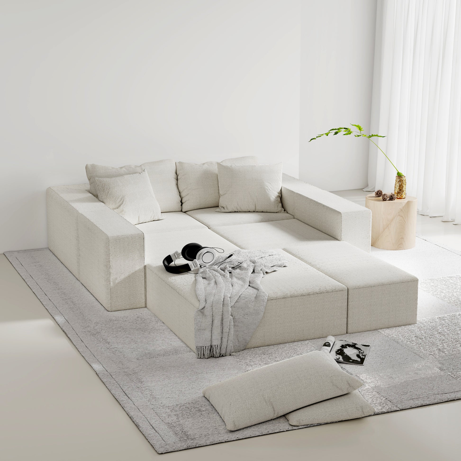 Modern Upholstered Sectional Sofa Couch Set,Modular 132" L Shaped Sectional Living Room Sofa Set With 6 Pillows,Free Combination Sofa Couch For Living Room,Bedroom Beige Foam Chenille 6 Seat