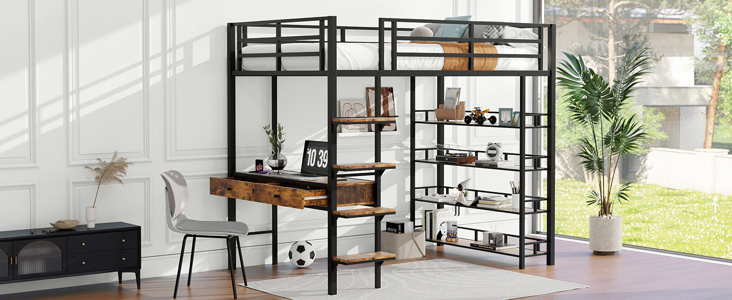 Full Size Metal Loft Bed With Desk And Shelves, Black Expected Arrival Time: 9.18 Box Spring Not Required Full Black Metal Solid Wood Mdf