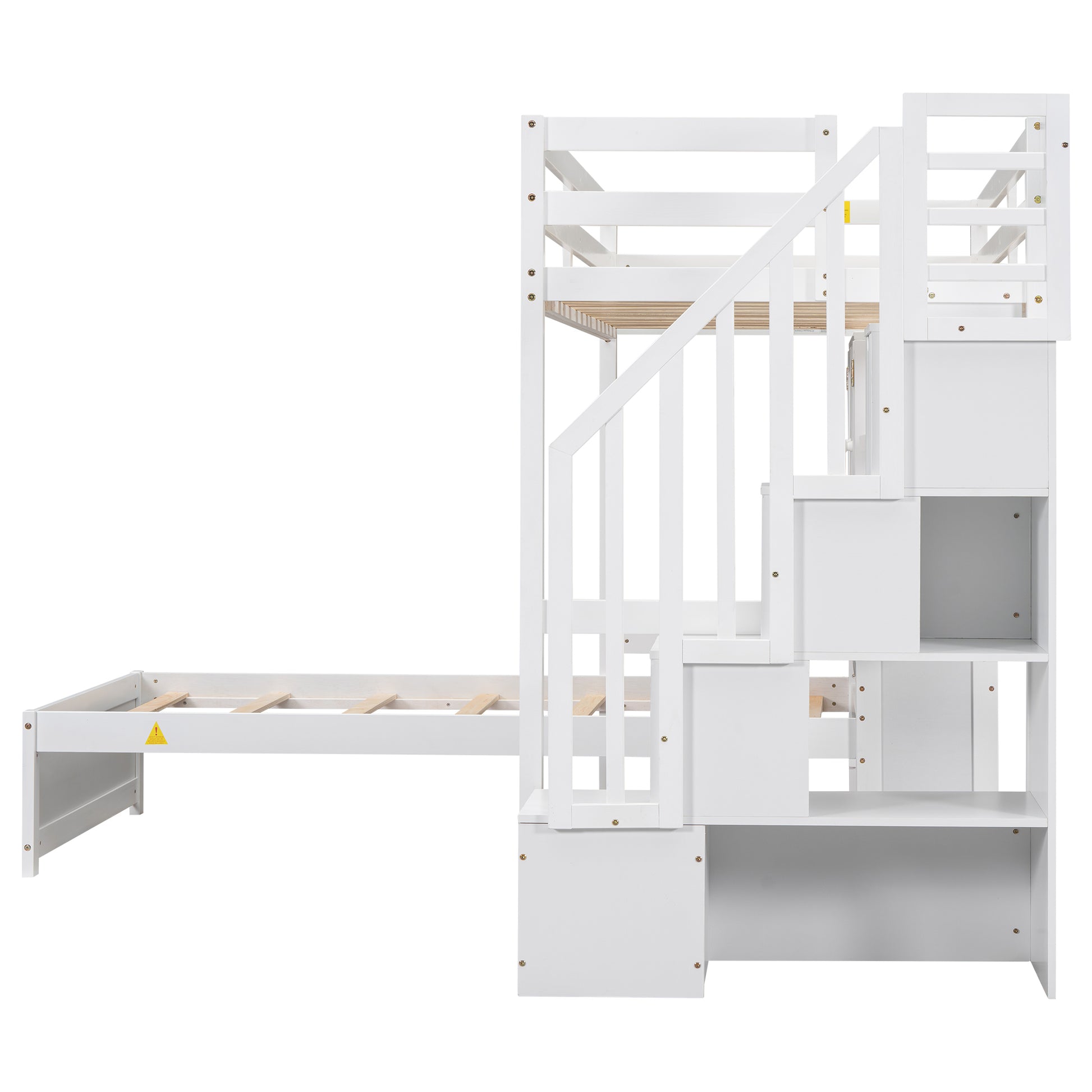 Twin Over Twin Loft Bed With Built In Desk And Staircase, With Storage Compartments And Shelves, White Twin Box Spring Not Required White Wood Pine