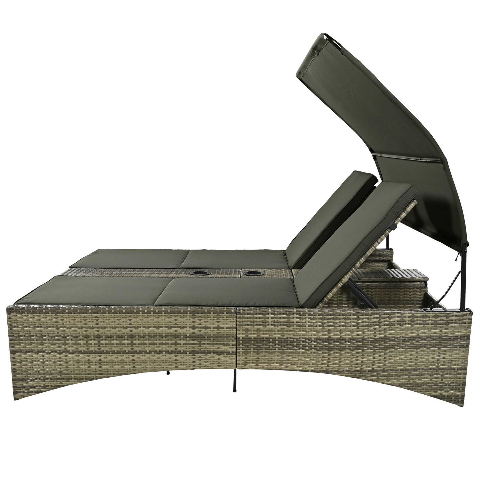 Patio Daybed Outdoor Daybed Outdoor Rattan Sun Lounger With Shelter Roof With Adjustable Backrest, Storage Box And 2 Cup Holders For Patio, Balcony, Poolside,Grey Yes Grey Seats 2 Water Resistant Frame Water Resistant Cushion Garden & Outdoor Sectional