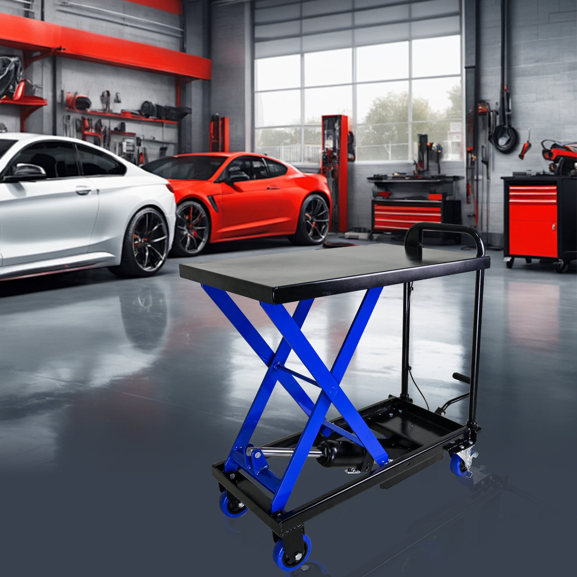 Hydraulic Lift Trolley, 500 Lbs Capacity, With 4 Wheels, For Material Handling And Transportation, Black Blue Black Blue Steel