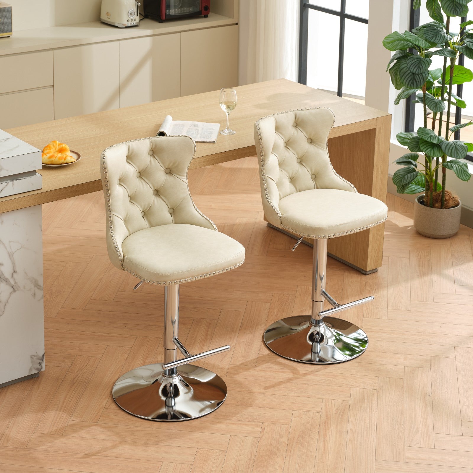 Swivel Pu Leather Barstools Adjusatble Seat Height From 25 33 Inch, Chrome Base Bar Stools With Backs Comfortable Tufted For Home Pub And Kitchen Island, Beige,Set Of 2,1512Bg Beige American Design Bar Stools Wing Back Foam Pu Leather