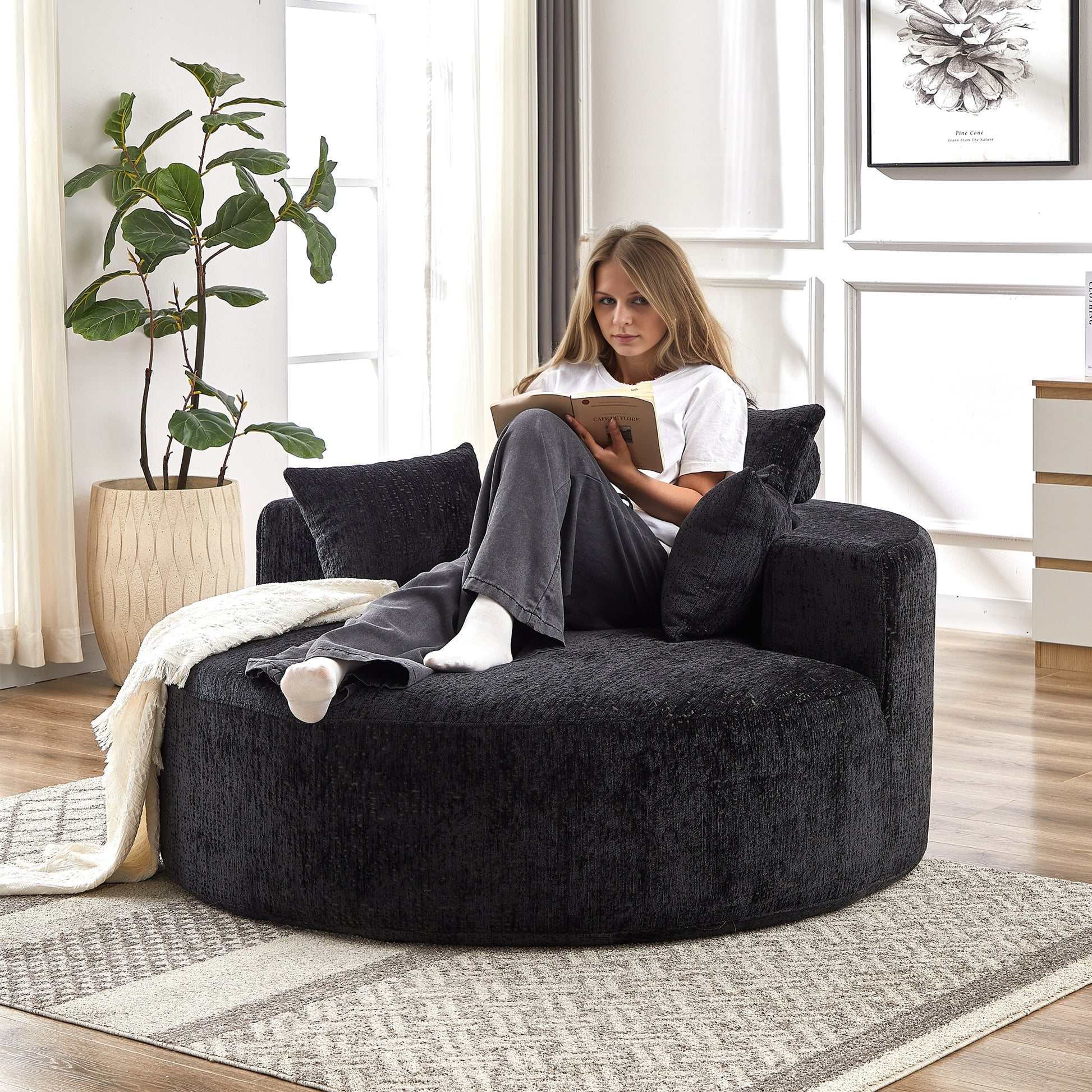 55''L Chenille Sponge Single Sofa,No Assembly Required,Fluffy Modern Sleeper Chair For Living Room, Bedroom, Lounge And Projection Room Not A Swivel Chair. Black Foam Chenille 1 Seat