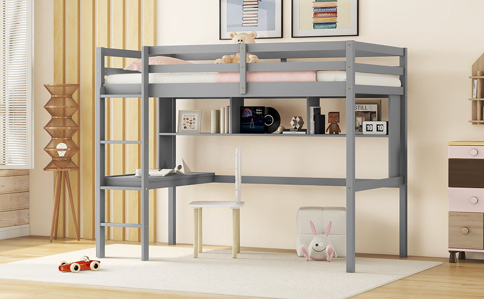 Twin Loft Bed With Built In Desk And Bookcase Of Three Compartments, Guardrails And Ladder,Grey Twin Grey Pine