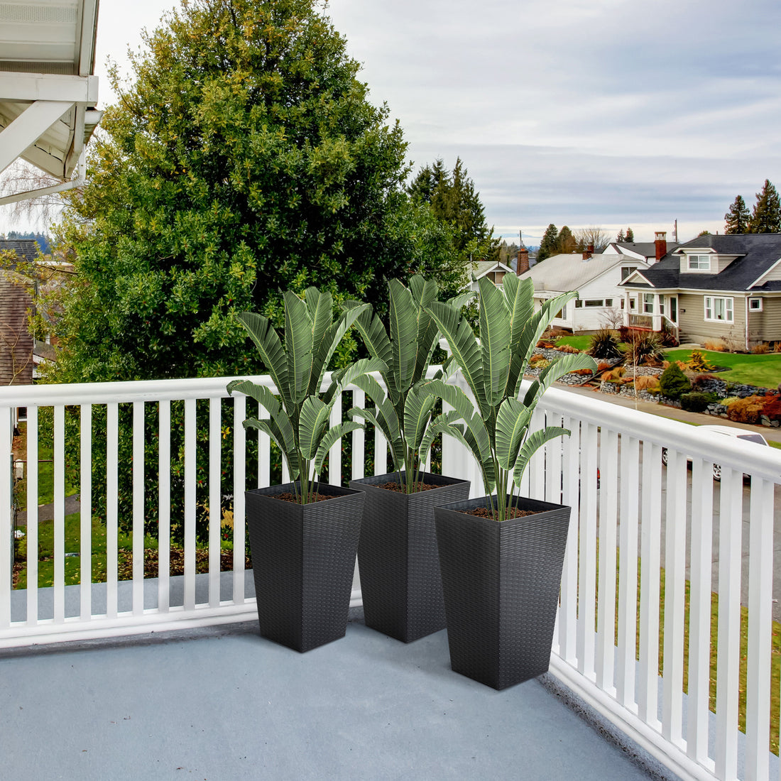 Outsunny Set Of 3 Tall Planters With Drainage Hole, Outdoor Flower Pots, Indoor Planters For Porch, Front Door, Entryway, Patio And Deck, Black Black Polypropylene