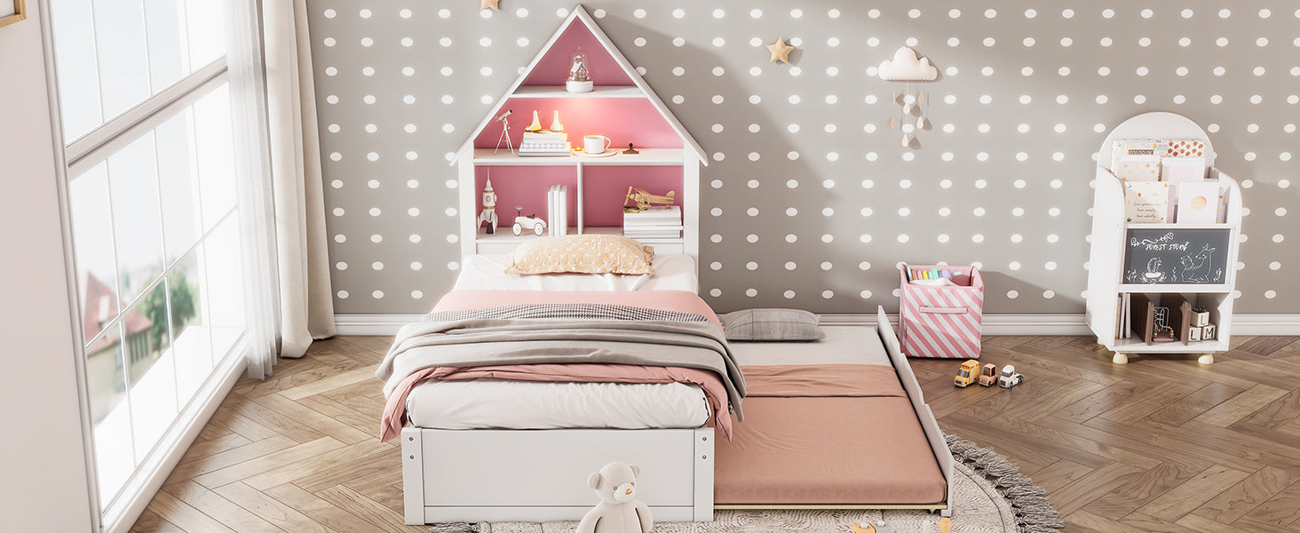 Twin Size House Shaped Bed With Bookcase Headboard And Led Light And Twin Size Trundle For Kids Boys Girls, Pink White Box Spring Not Required Twin White Pink Wood Bedroom Cute Bed Frame Wood