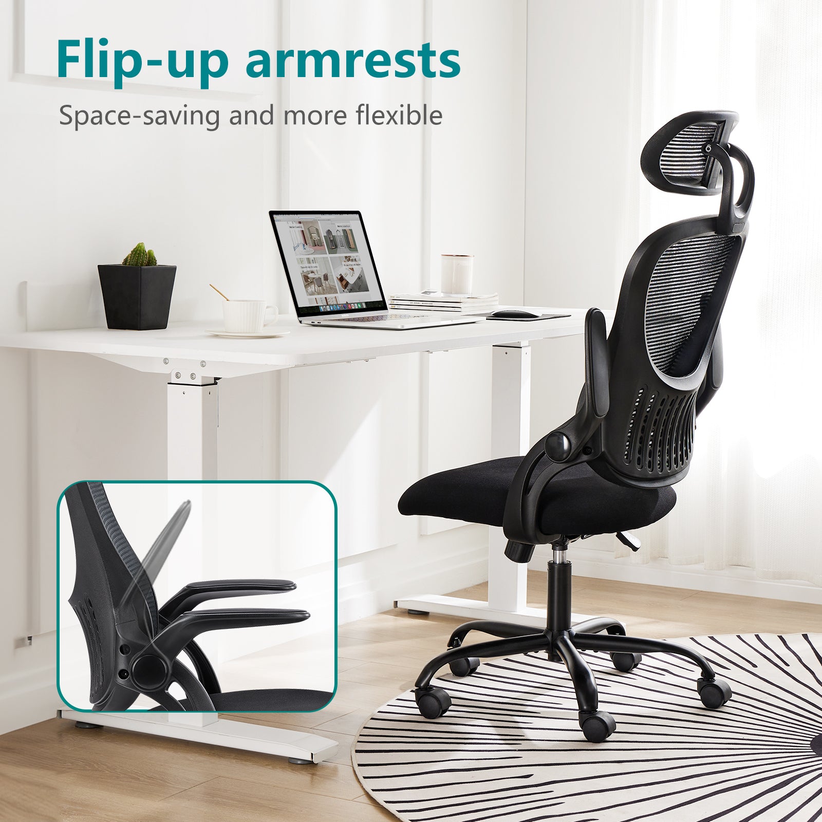 Office Chair, Comfortable Swivel Chair With High Back, Wheels, Adjustable Headrest, Comfortable Lumbar Support, Flip Arm, Black Black Stainless Steel