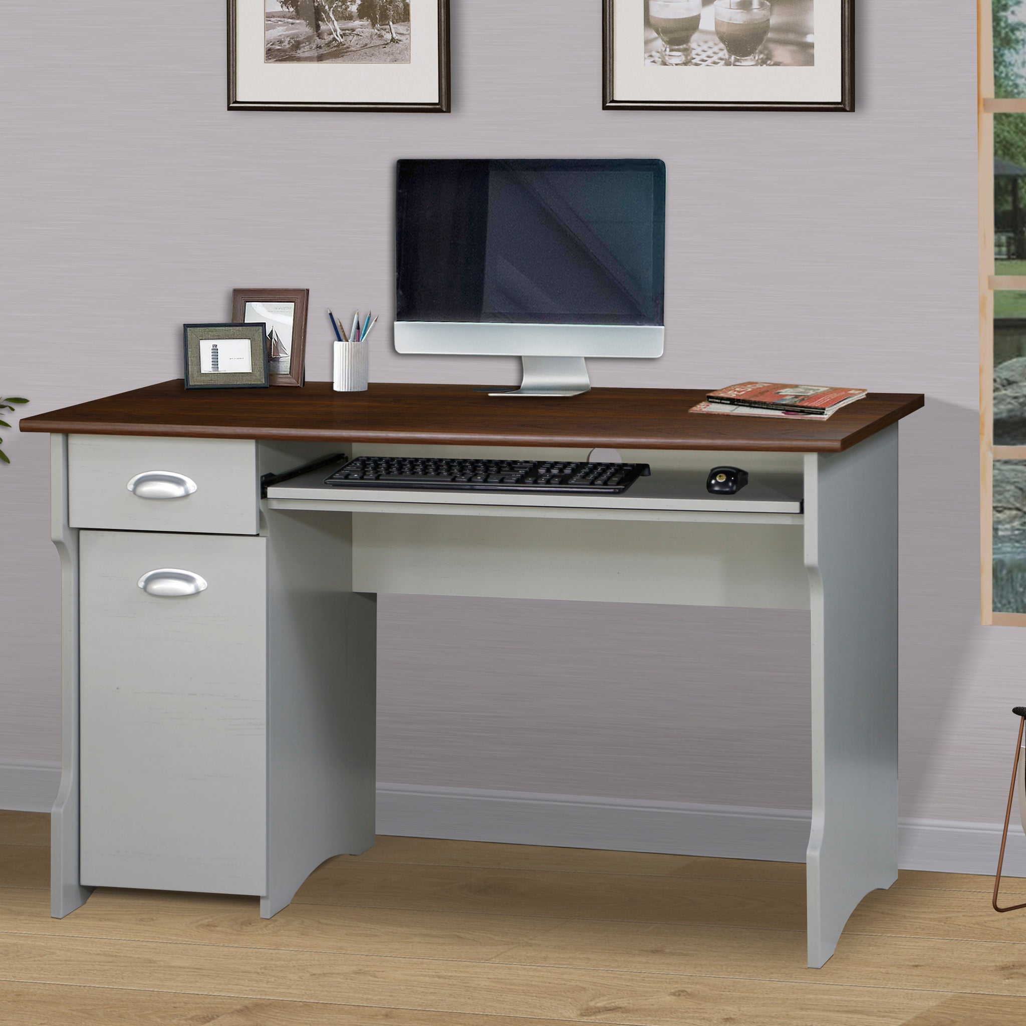 47" Writing Desk "Elegant Two Tone Writing Desk With Storage Contemporary Gray And Rosewood Finish, Sturdy Office And Home Workstation" Multicolor Solid Wood