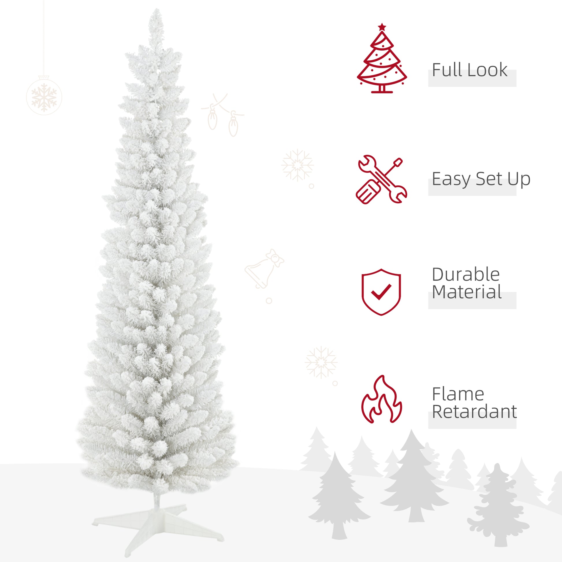 Homcom 6' Snow Flocked Artificial Pencil Christmas Tree, Slim Xmas Tree With Realistic Branches And Plastic Base Stand For Indoor Decoration, White White Plastic