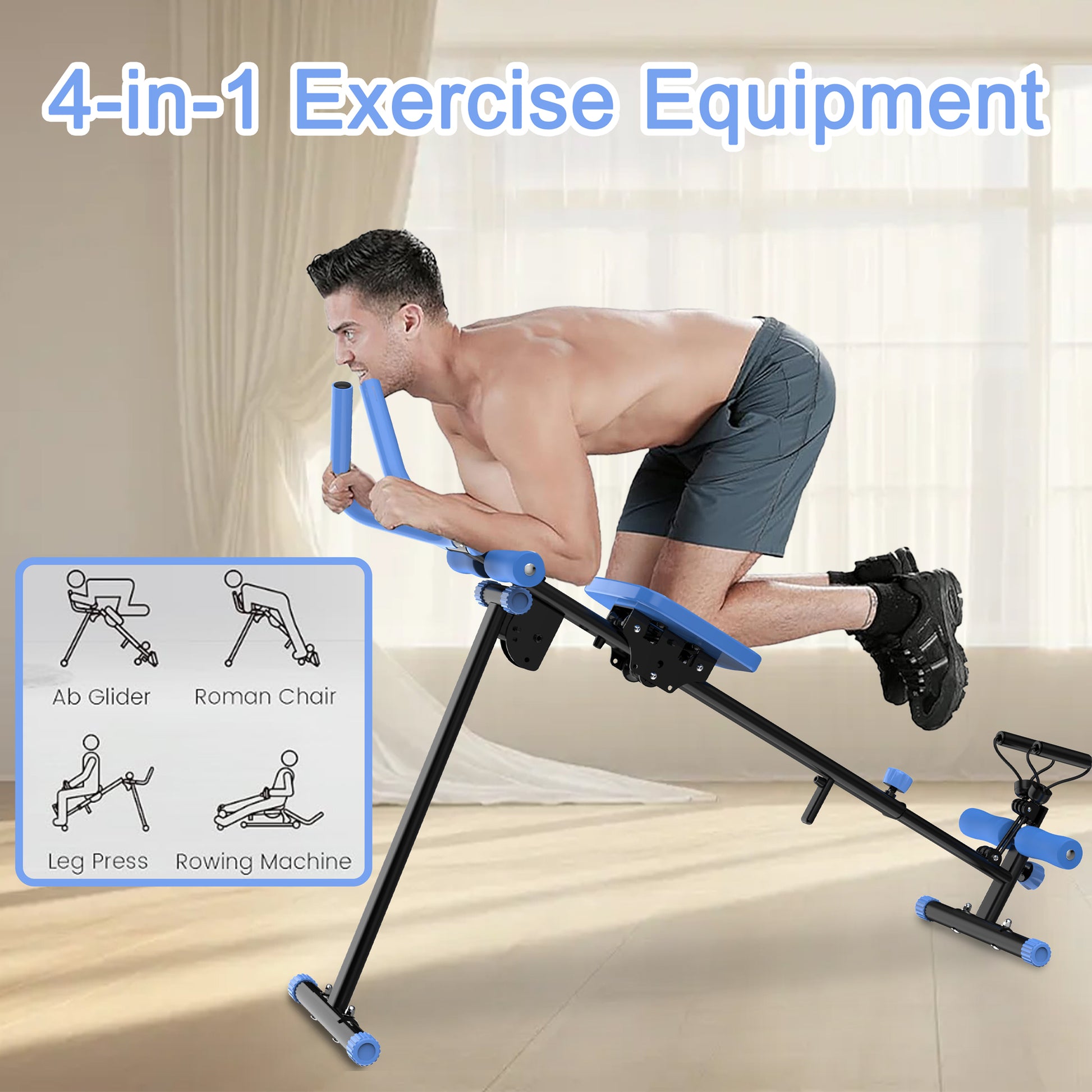 4 In 1 Ab Workout Exercise Equipment Rowing Machine Leg Press Machine Ab Glider Machine Roman Chair Fitness Equipment For Ab Workout Core Strength Training Black Blue Abs Rubber Steel Q235