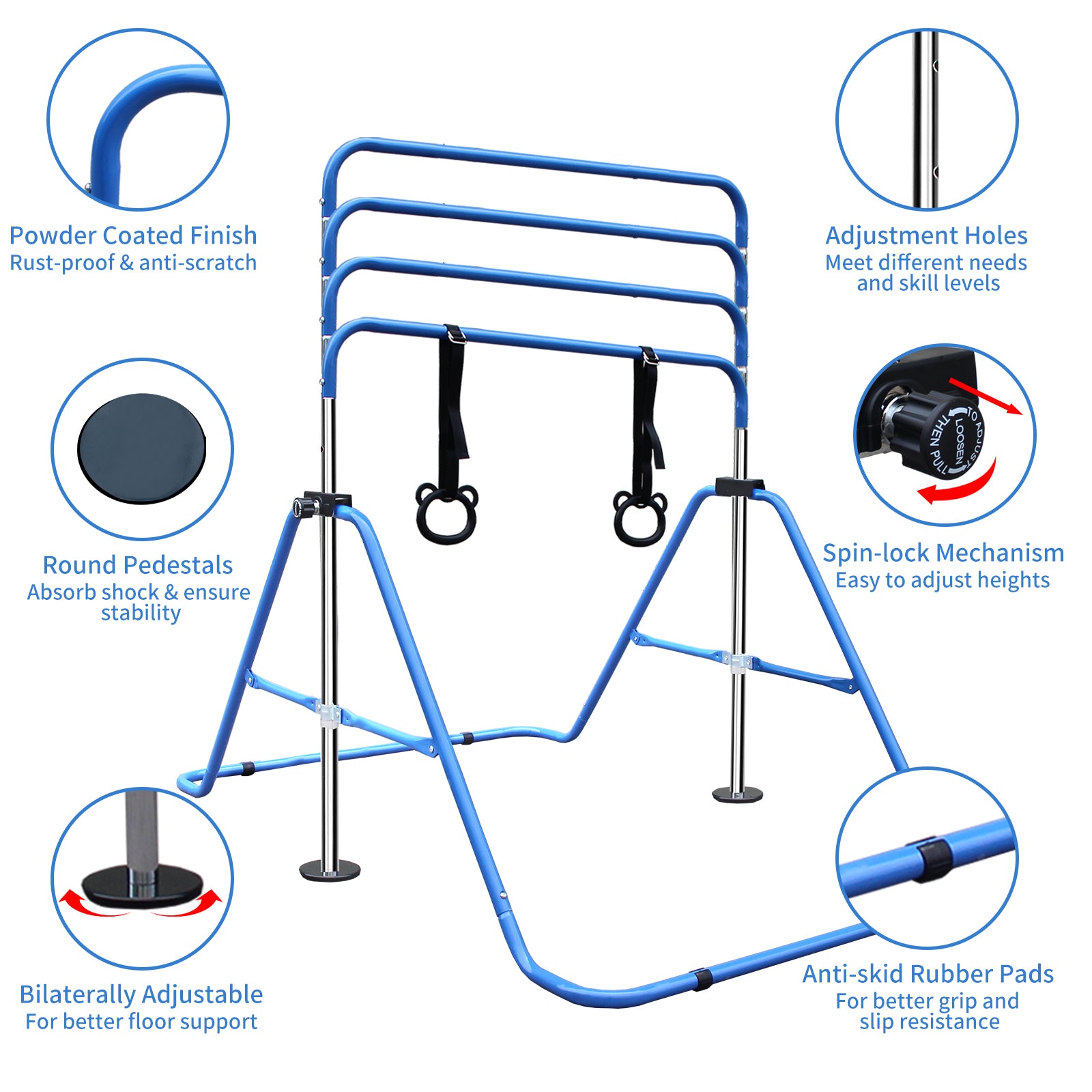 Multi Functional Adjustable Height Children'S Horizontal Gymnastic Bar With Bear Rings Blue Steel