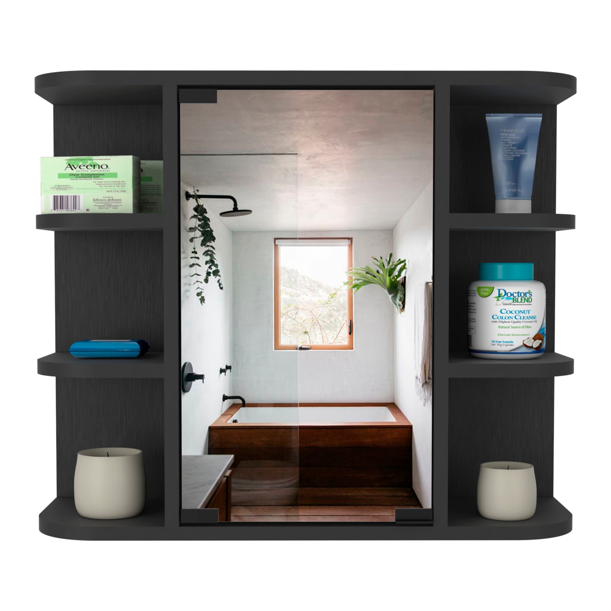 Medicine Cabinet 19" H, Six External Shelves, Three Interior Shelves, Black Black Particle Board Particle Board