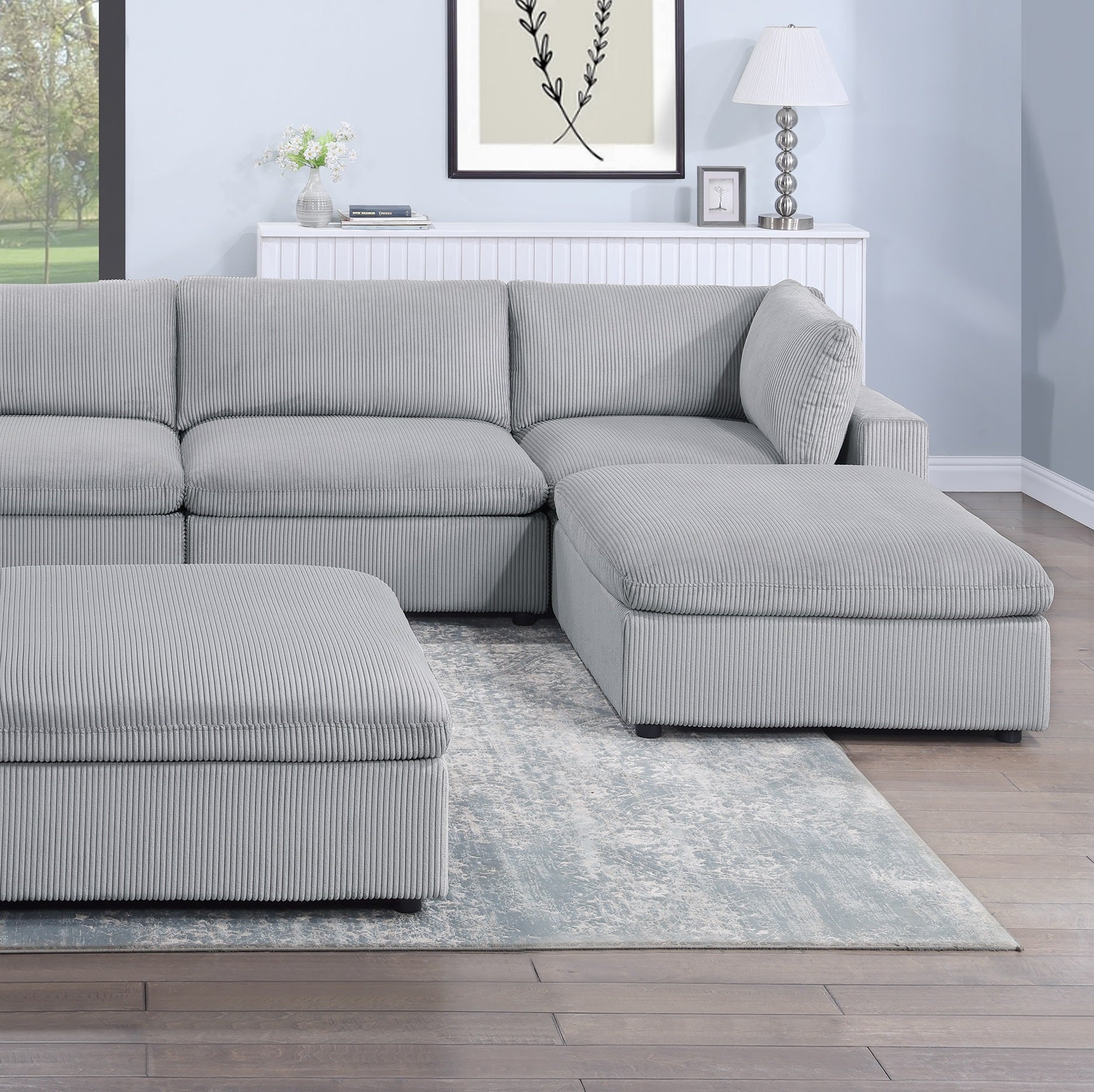 Dark Gray Color 7Pc Modular Sectional Set Corduroy Upholstery Couch 2X Corner Wedge 2X Armless Chairs 3X Ottomans Living Room Furniture Dark Gray Primary Living Space Cushion Back