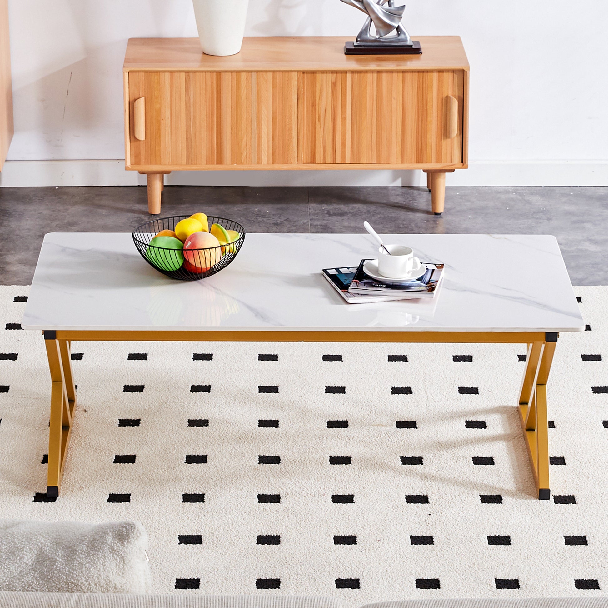 0.4Inch Thick White Marble Patterned Rock Table, Easy To Clean, Paired With Golden Metal Legs, Sturdy And Durable. Large Size Can Meet Various Needs.Can Be Used As A Dining Table, Coffee Table.47*23.6 White Sintered Stone