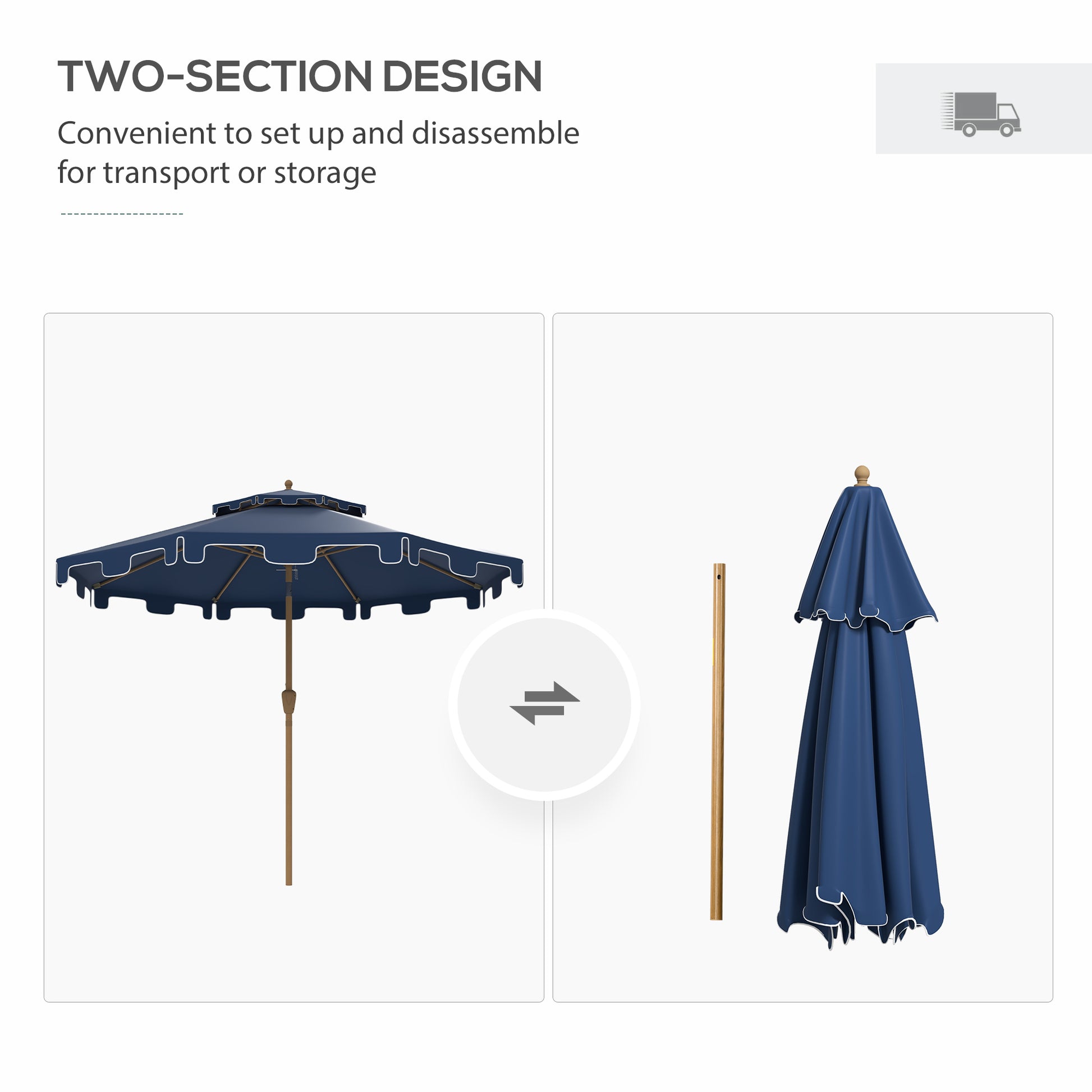 Outsunny 9' Patio Umbrella With Push Button Tilt And Crank, Double Top Ruffled Outdoor Market Table Umbrella With 8 Ribs, For Garden, Deck, Pool, Dark Blue Dark Blue Polyester