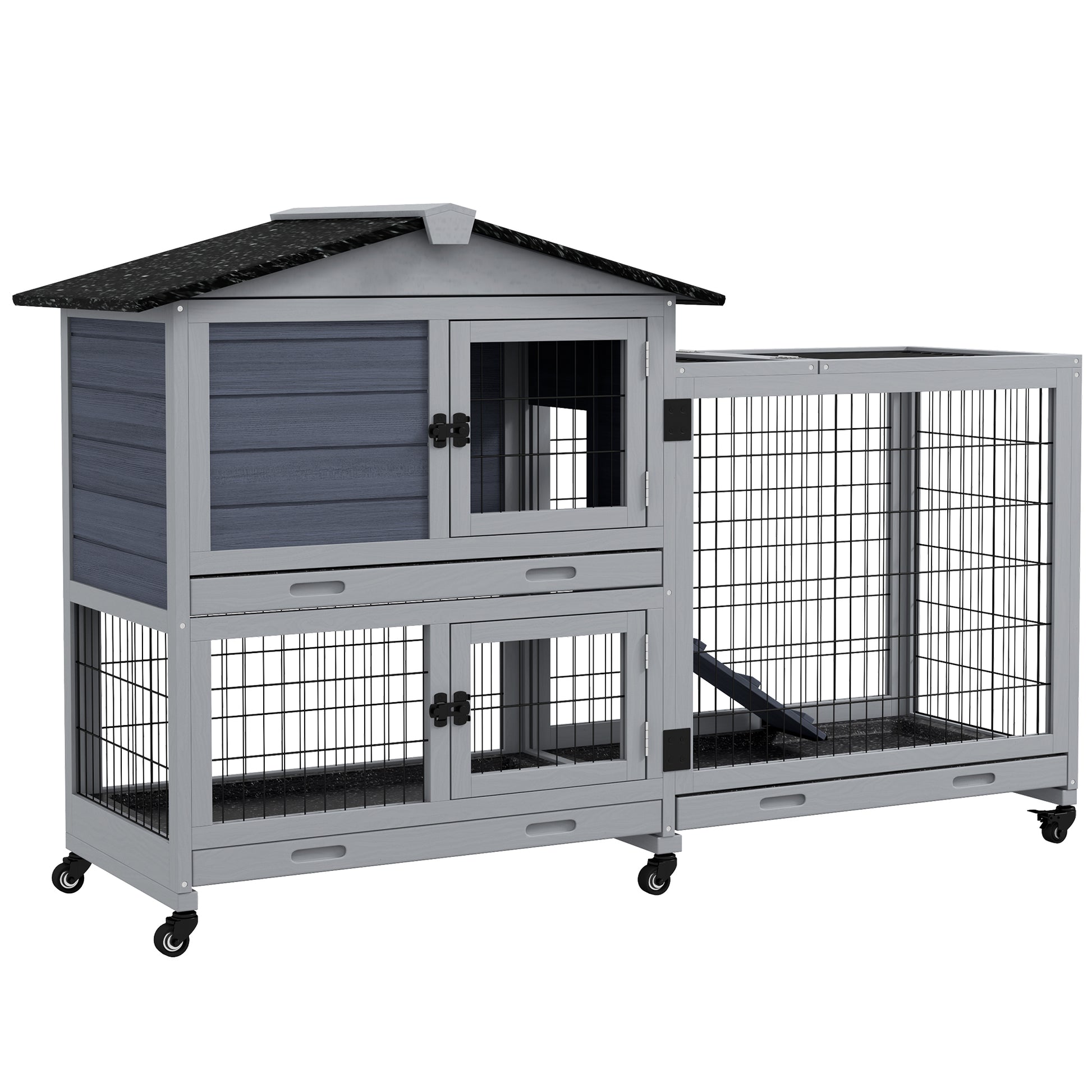 Pawhut Rabbit Hutch 2 Story Bunny Cage Small Animal House With Slide Out Tray, Wheels, For Indoor Outdoor, 59.8" X 20.9" X 39.2", Gray Grey Wood